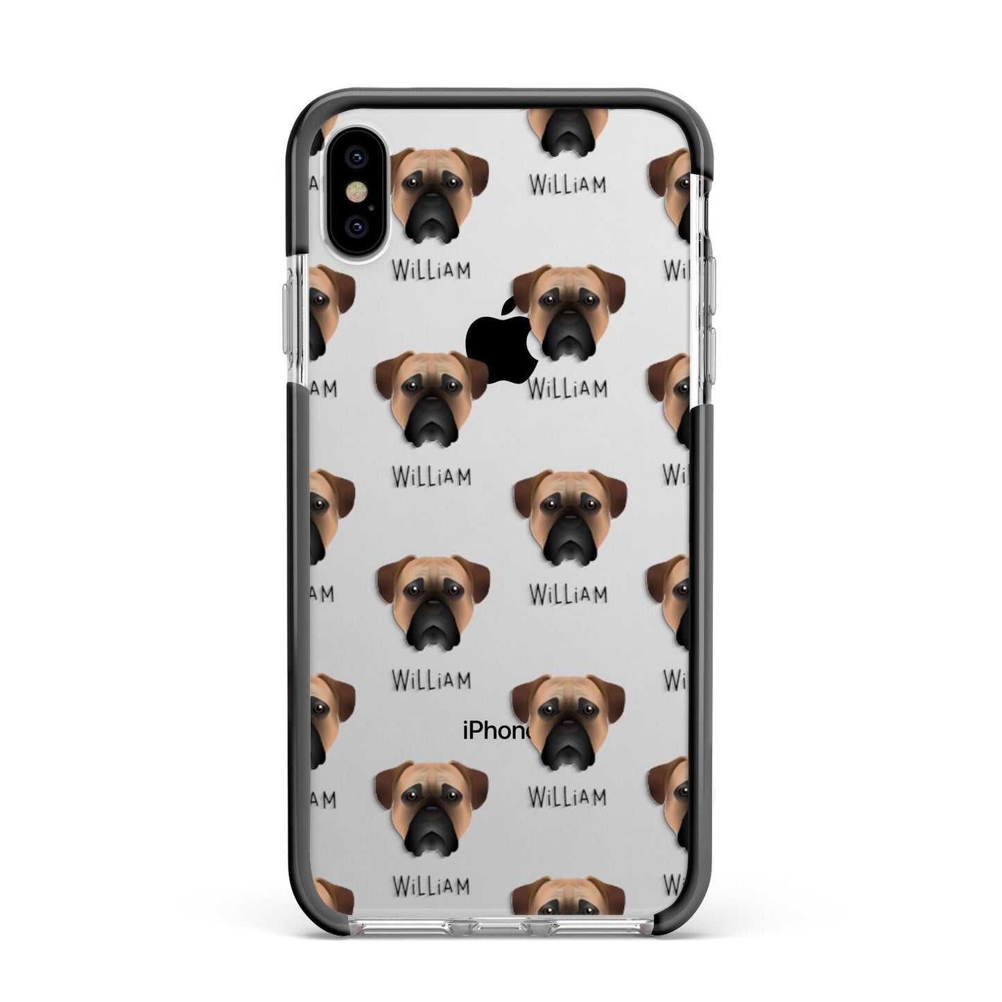 Bullmastiff Icon with Name Apple iPhone Xs Max Impact Case Black Edge on Silver Phone