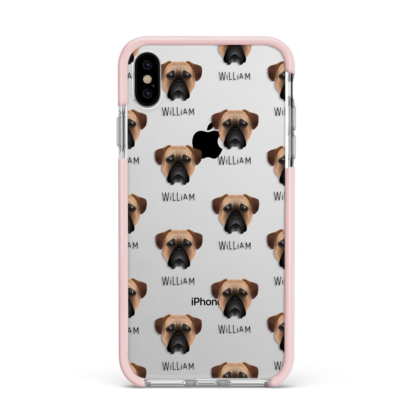 Bullmastiff Icon with Name Apple iPhone Xs Max Impact Case Pink Edge on Silver Phone