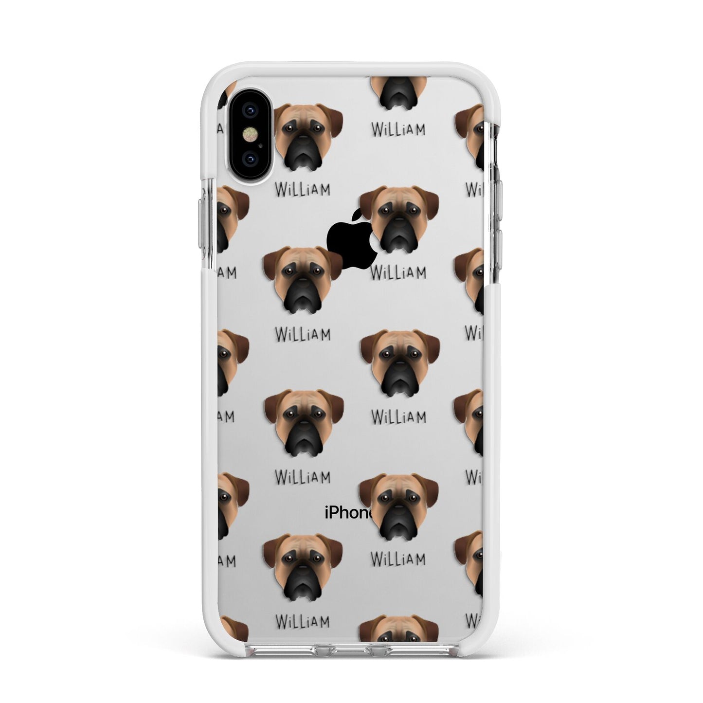 Bullmastiff Icon with Name Apple iPhone Xs Max Impact Case White Edge on Silver Phone