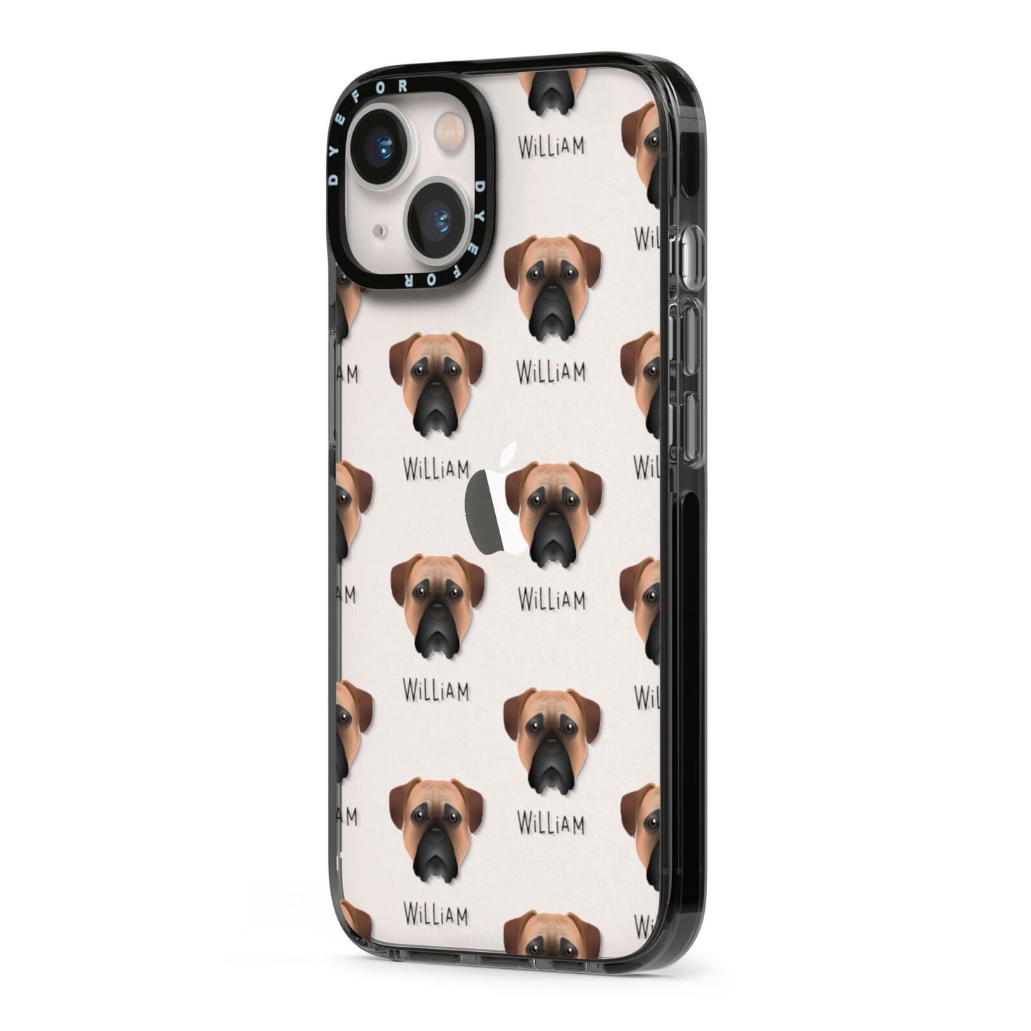 Bullmastiff Icon with Name iPhone 13 Black Impact Case Side Angle on Silver phone