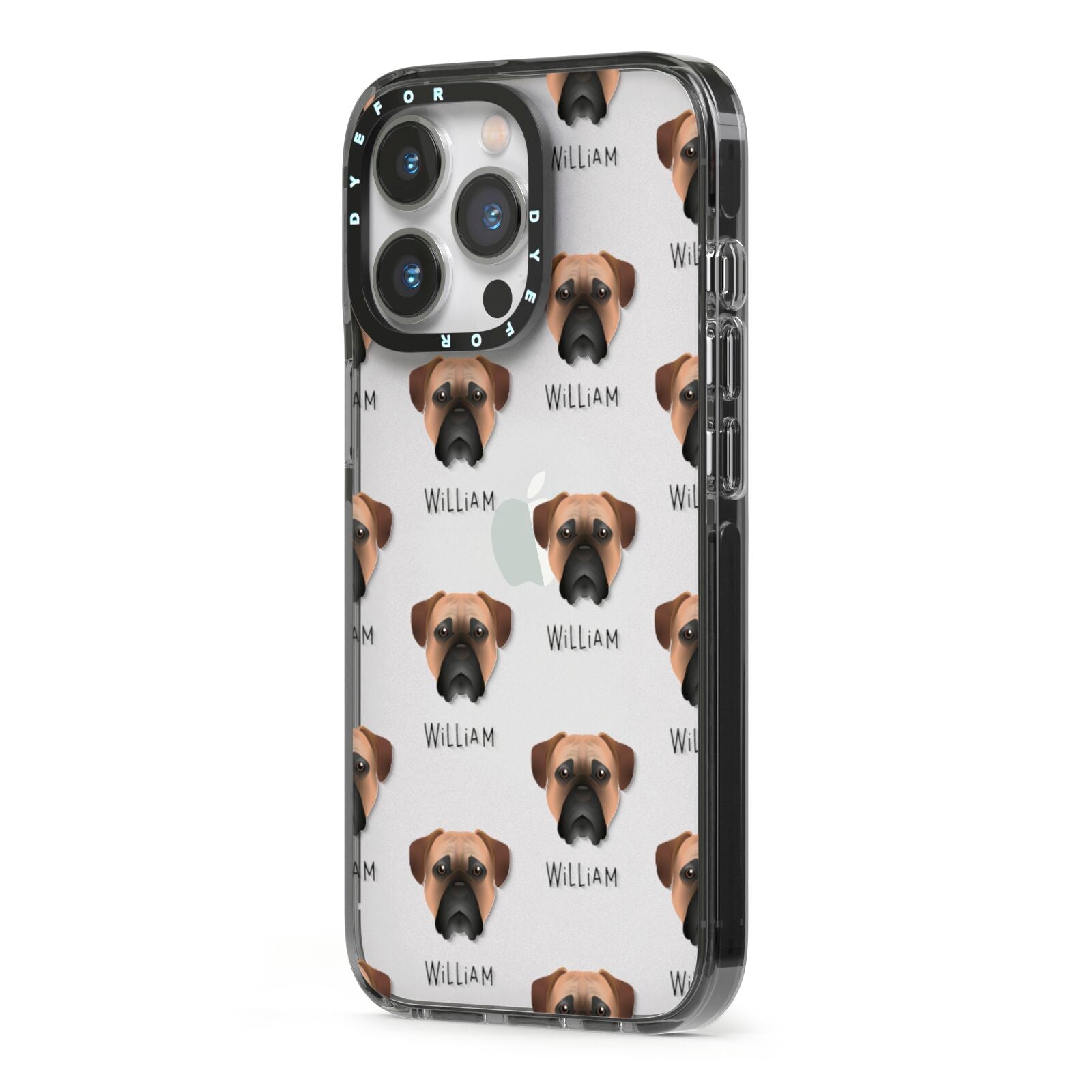 Bullmastiff Icon with Name iPhone 13 Pro Black Impact Case Side Angle on Silver phone