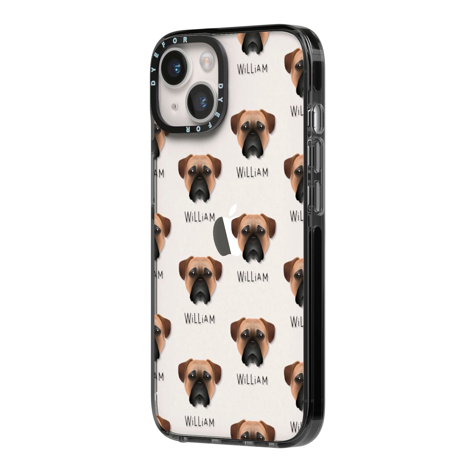 Bullmastiff Icon with Name iPhone 14 Black Impact Case Side Angle on Silver phone