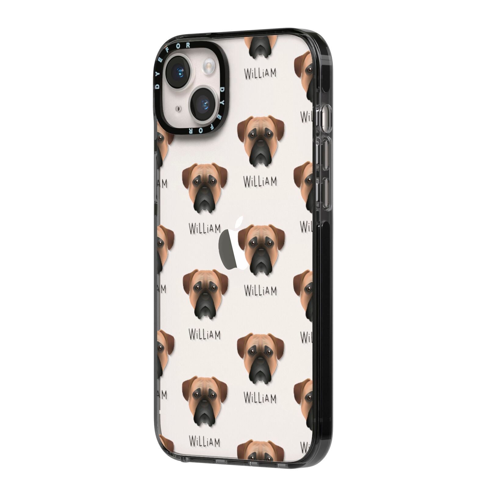 Bullmastiff Icon with Name iPhone 14 Plus Black Impact Case Side Angle on Silver phone