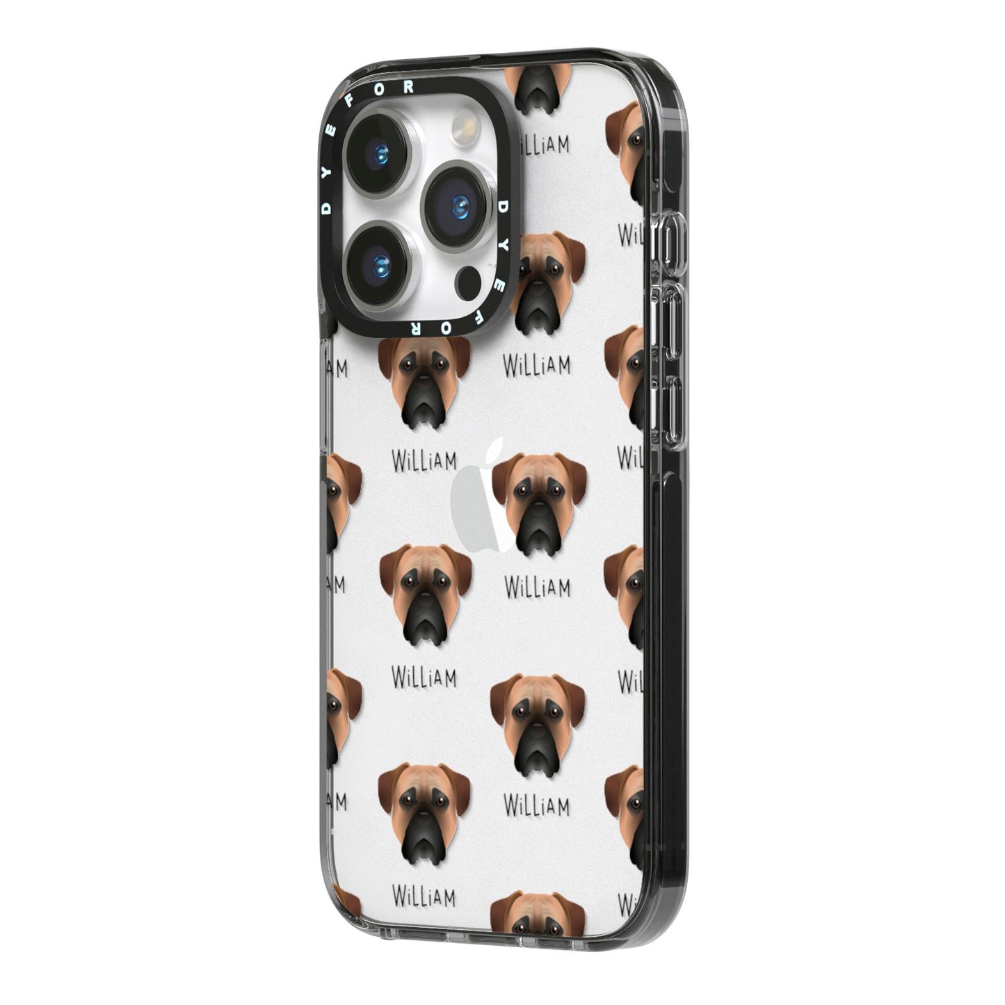 Bullmastiff Icon with Name iPhone 14 Pro Black Impact Case Side Angle on Silver phone