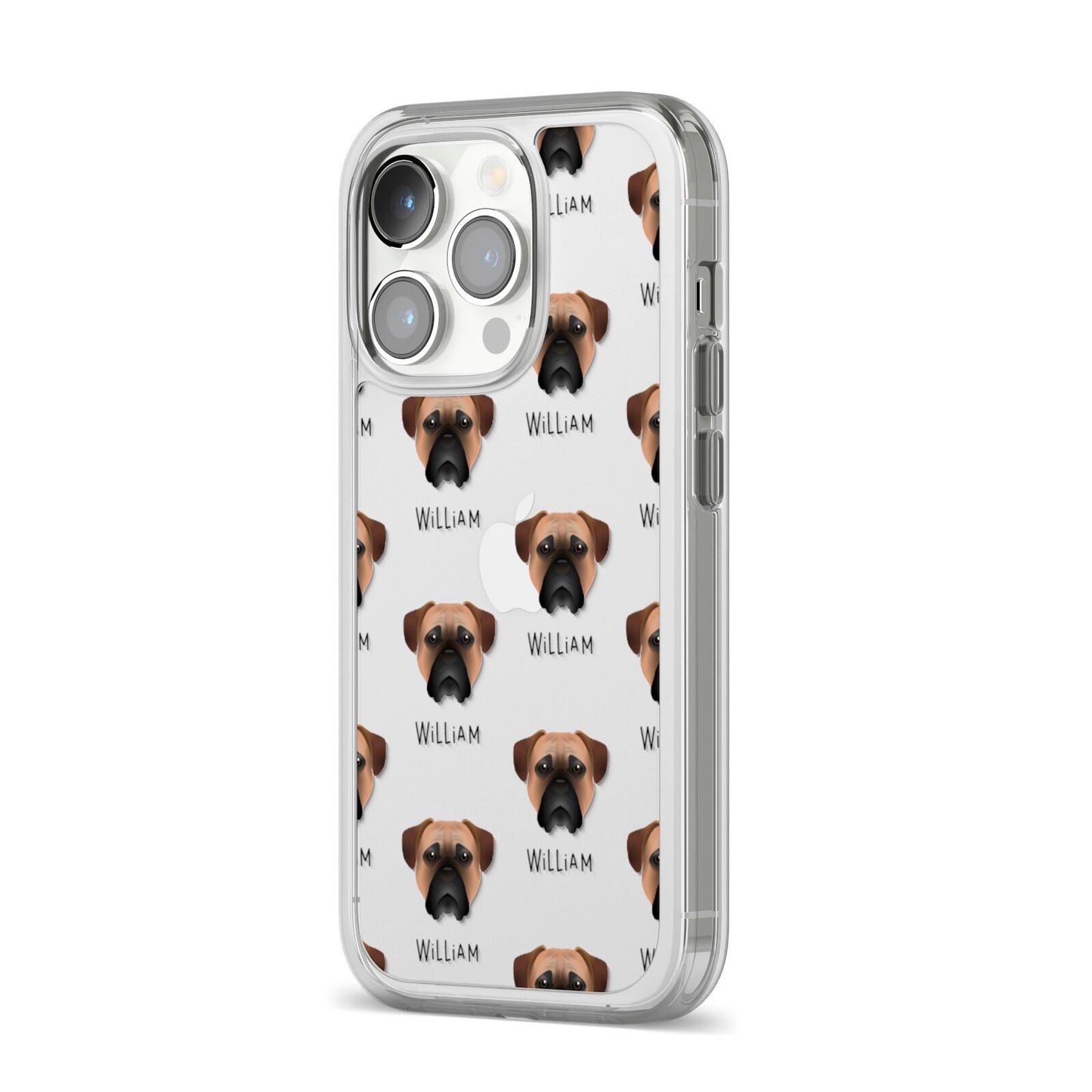 Bullmastiff Icon with Name iPhone 14 Pro Clear Tough Case Silver Angled Image