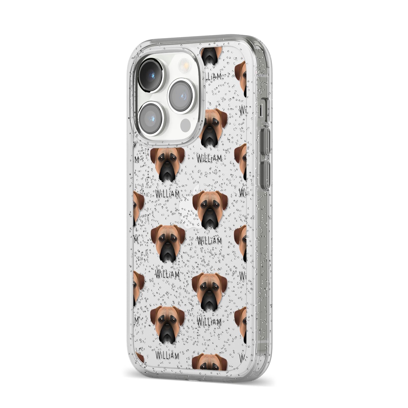 Bullmastiff Icon with Name iPhone 14 Pro Glitter Tough Case Silver Angled Image