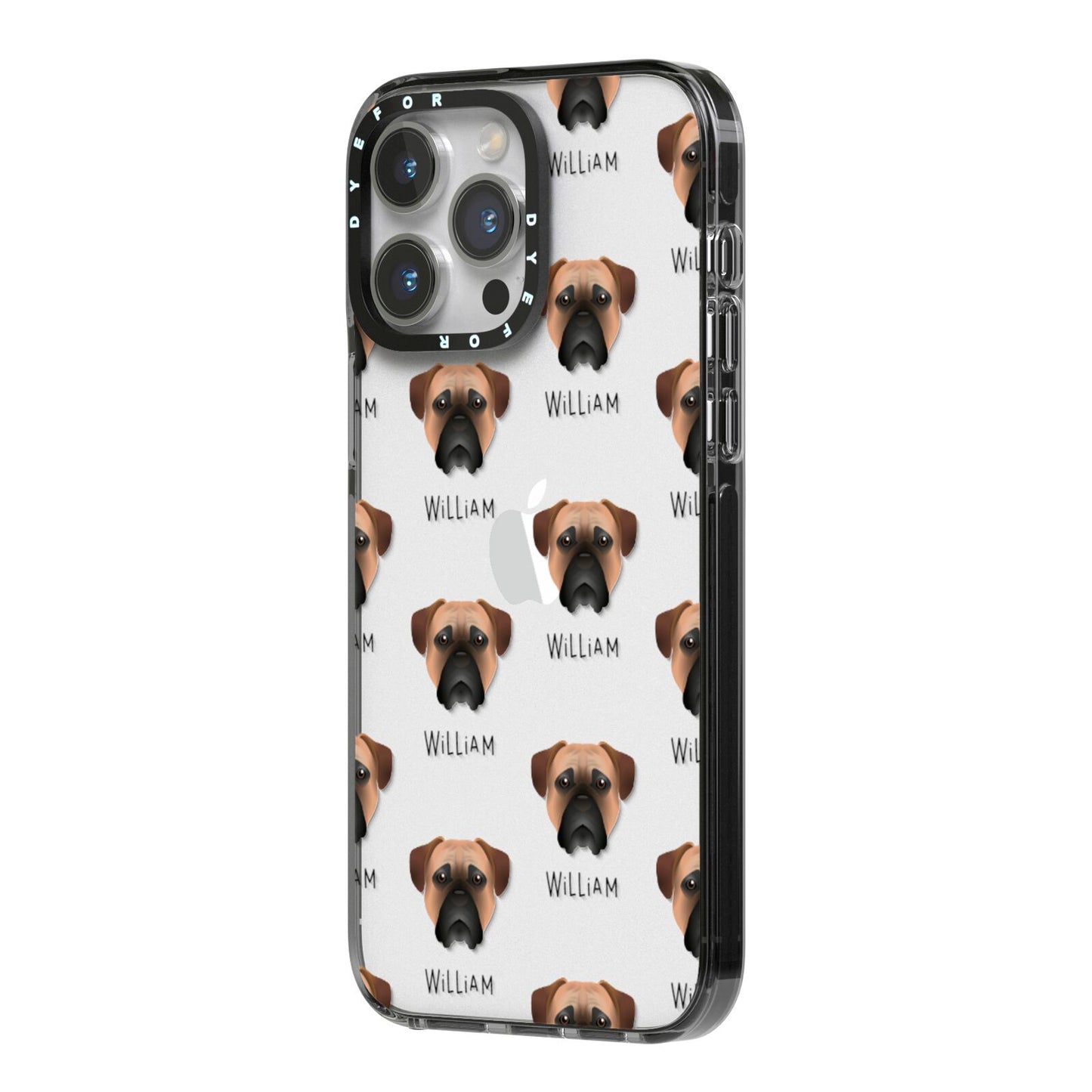 Bullmastiff Icon with Name iPhone 14 Pro Max Black Impact Case Side Angle on Silver phone