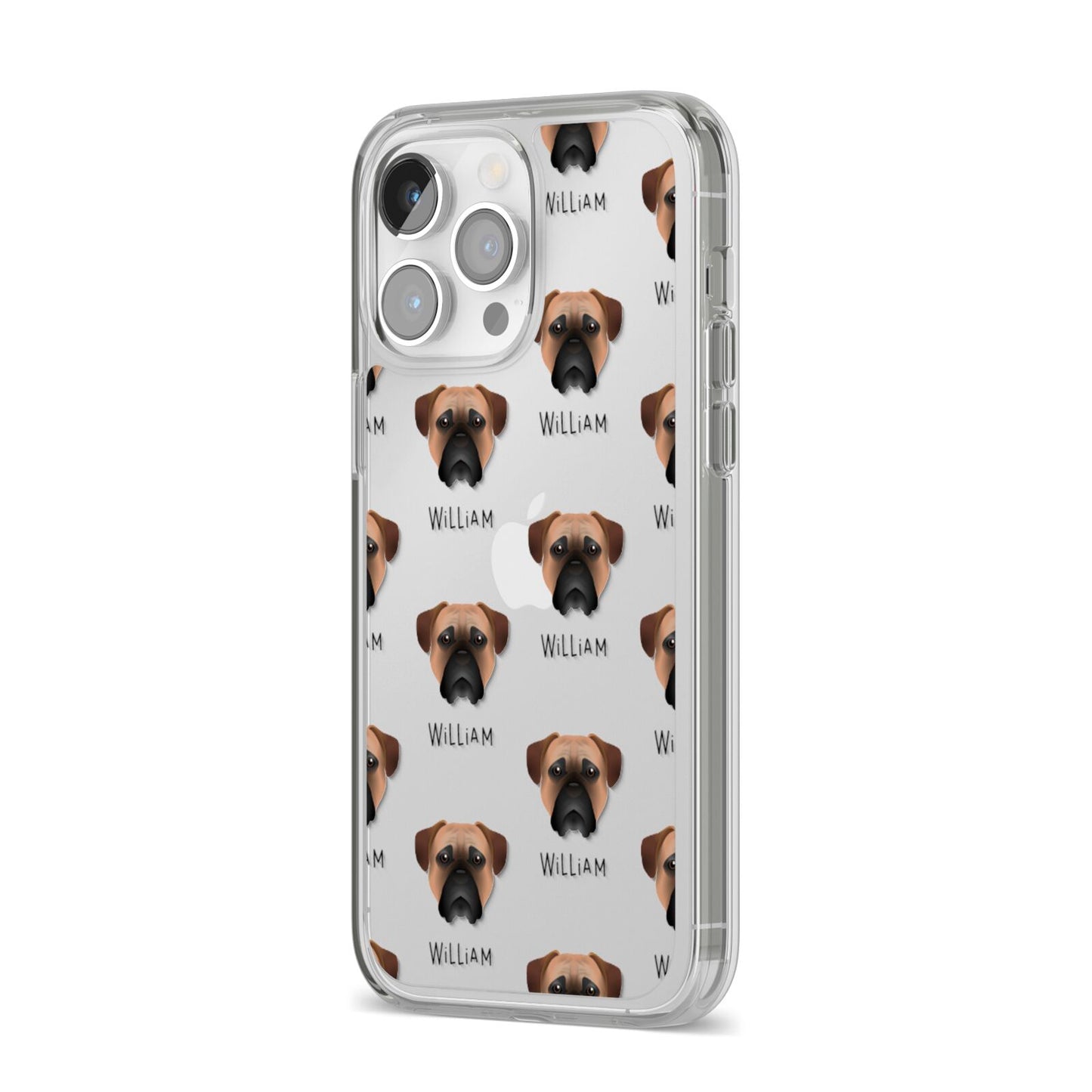 Bullmastiff Icon with Name iPhone 14 Pro Max Clear Tough Case Silver Angled Image