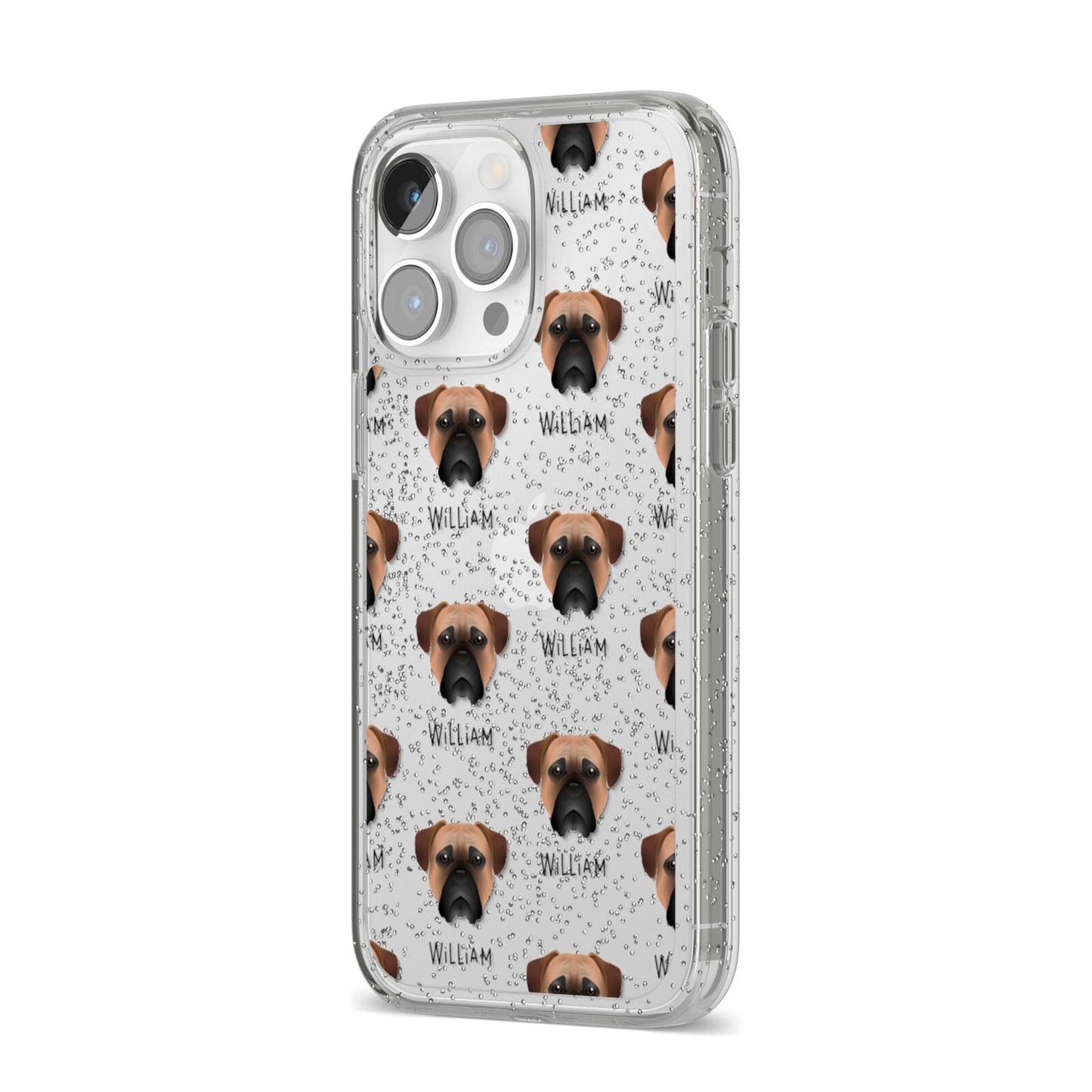 Bullmastiff Icon with Name iPhone 14 Pro Max Glitter Tough Case Silver Angled Image