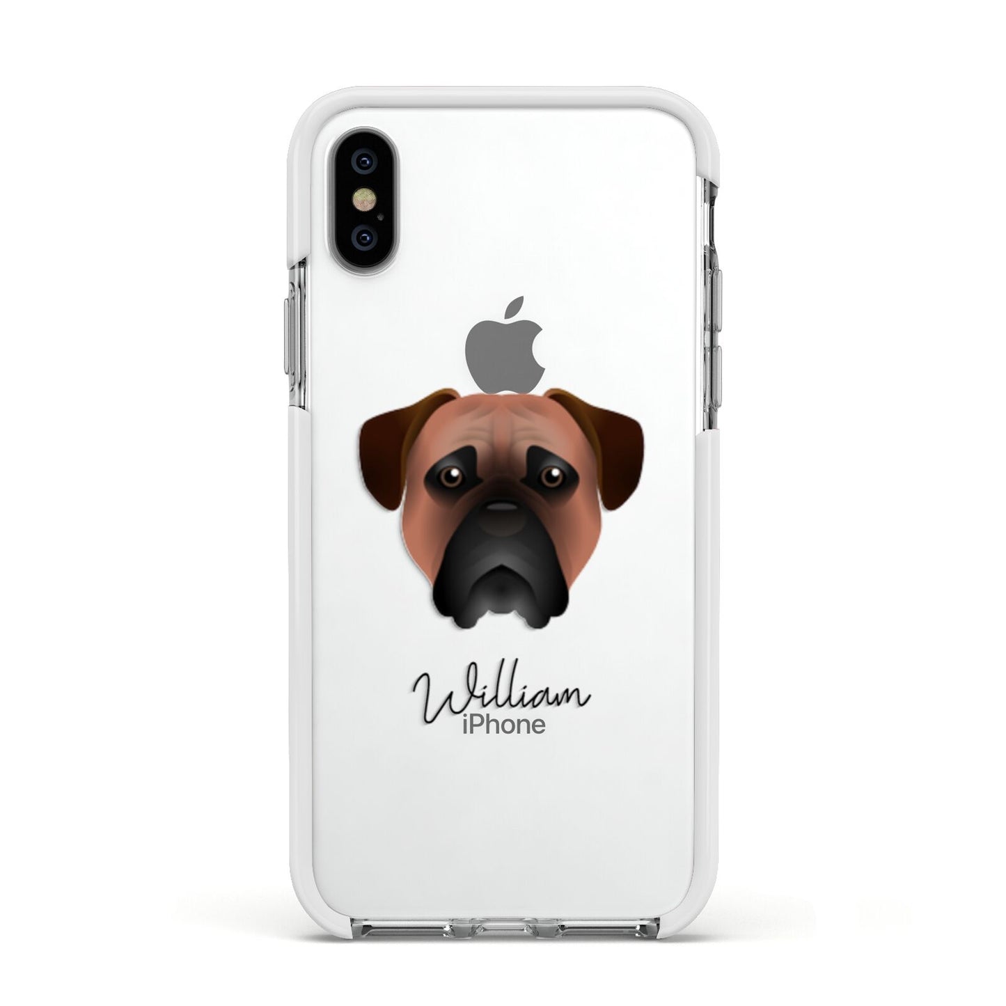 Bullmastiff Personalised Apple iPhone Xs Impact Case White Edge on Silver Phone