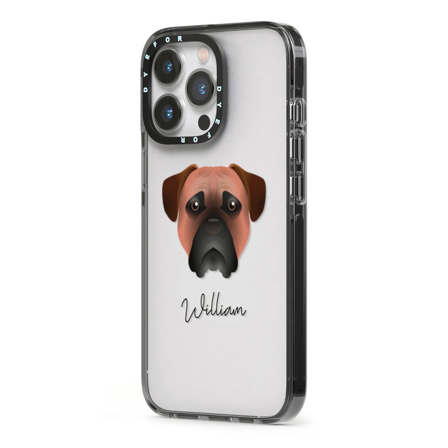 Bullmastiff Personalised iPhone 13 Pro Black Impact Case Side Angle on Silver phone