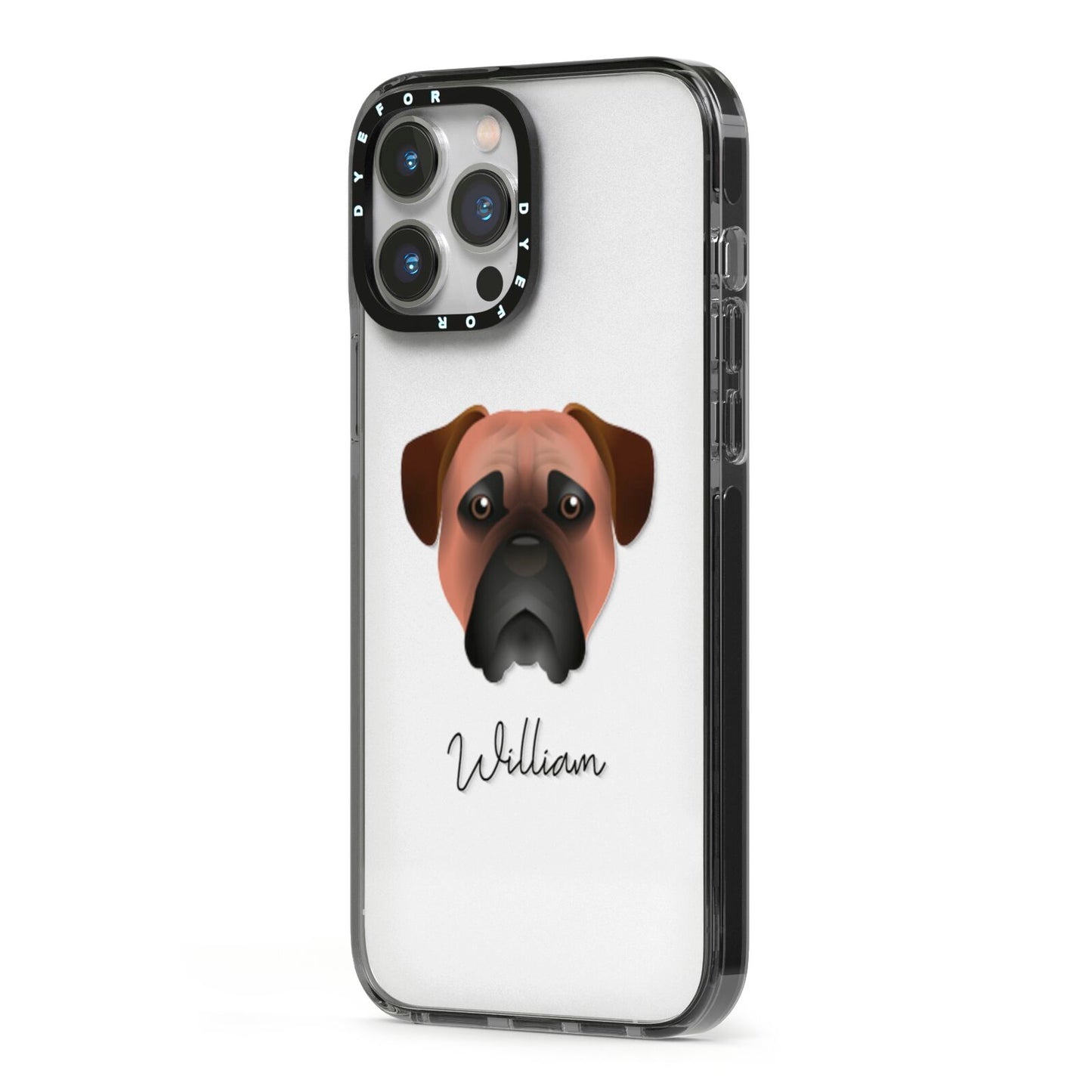 Bullmastiff Personalised iPhone 13 Pro Max Black Impact Case Side Angle on Silver phone