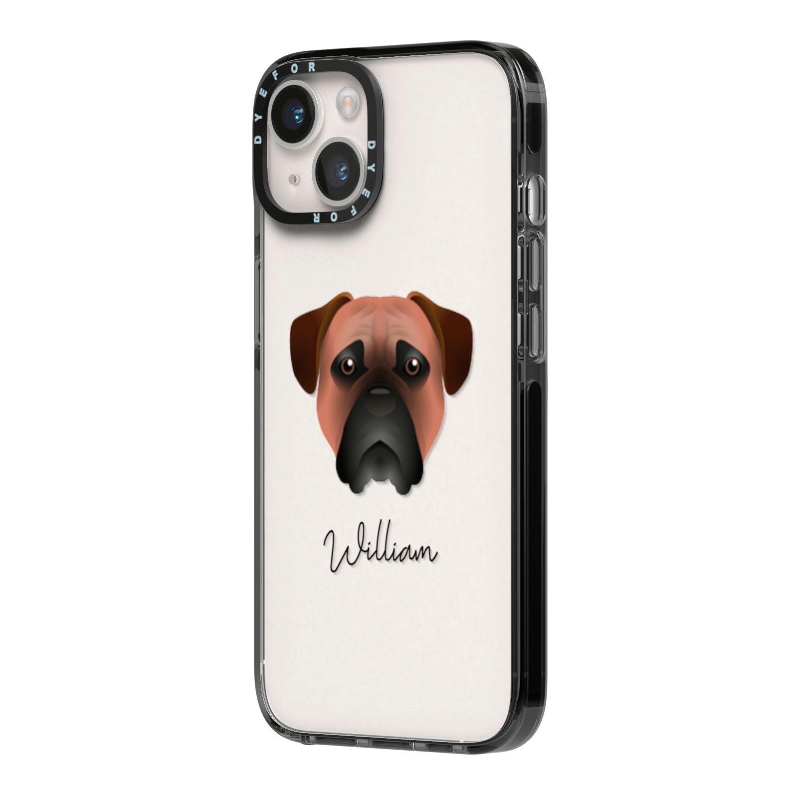 Bullmastiff Personalised iPhone 14 Black Impact Case Side Angle on Silver phone