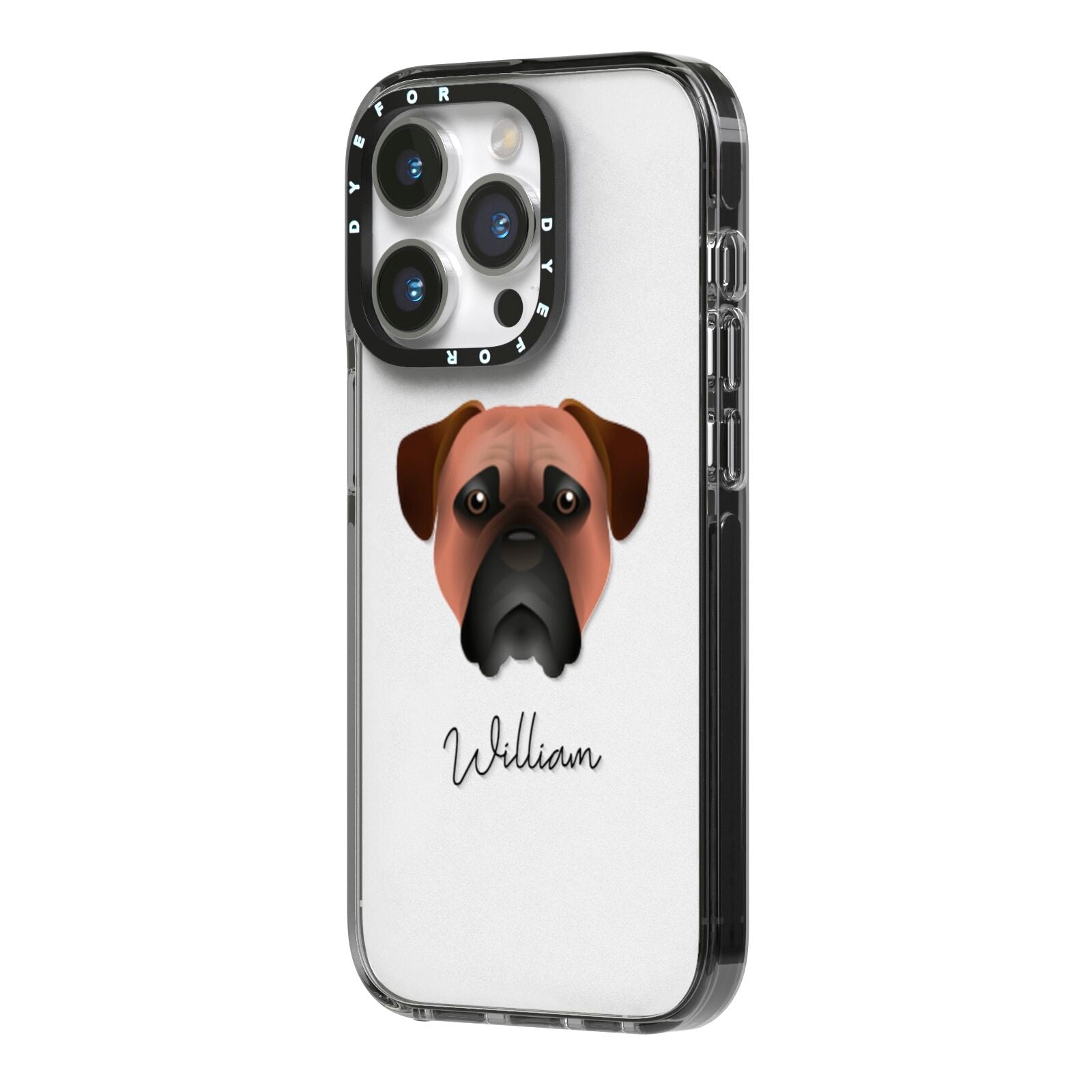 Bullmastiff Personalised iPhone 14 Pro Black Impact Case Side Angle on Silver phone