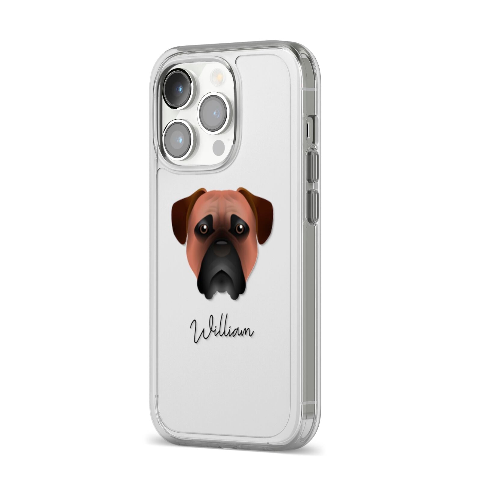 Bullmastiff Personalised iPhone 14 Pro Clear Tough Case Silver Angled Image