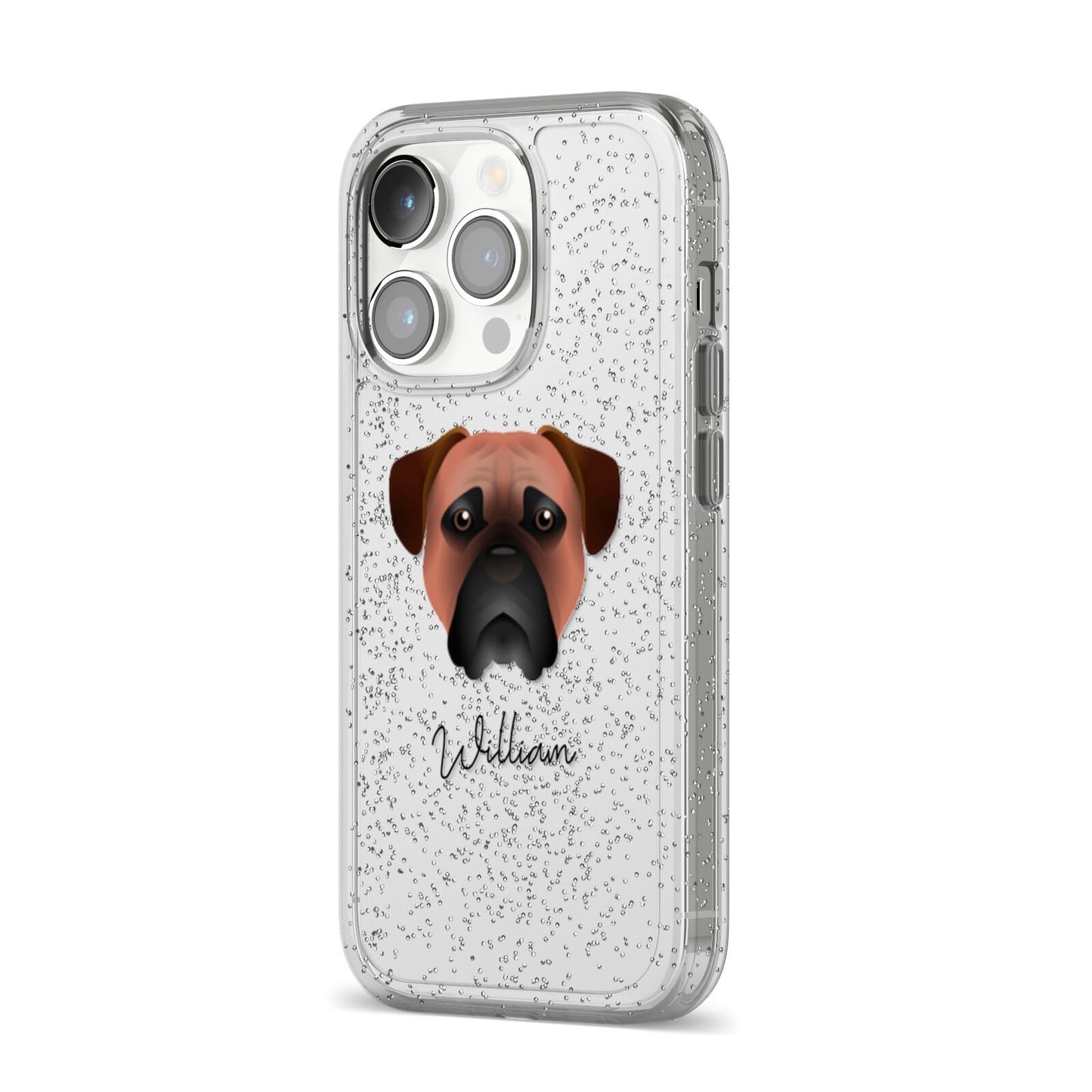 Bullmastiff Personalised iPhone 14 Pro Glitter Tough Case Silver Angled Image