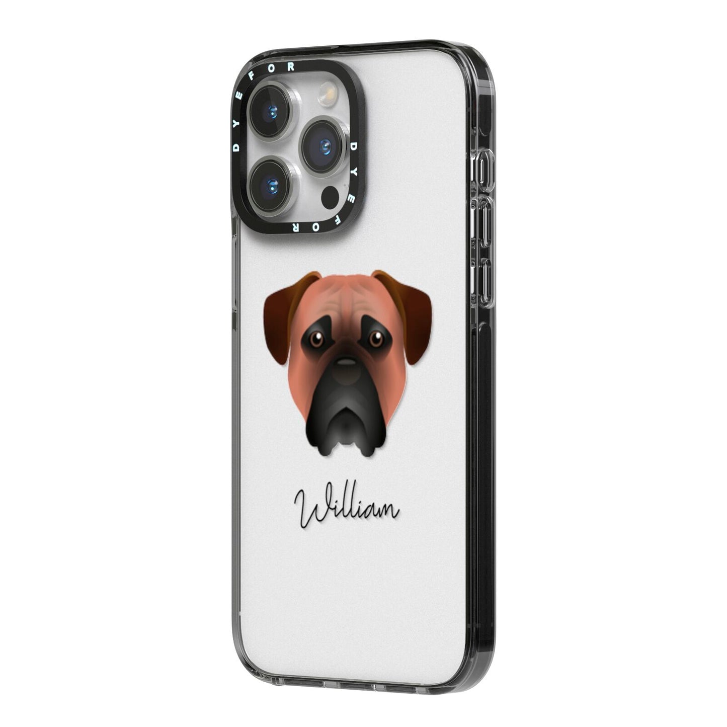 Bullmastiff Personalised iPhone 14 Pro Max Black Impact Case Side Angle on Silver phone