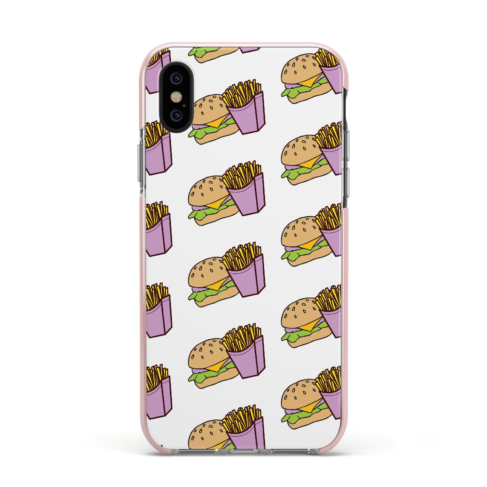 Burger Fries Fast Food Apple iPhone Xs Impact Case Pink Edge on Black Phone