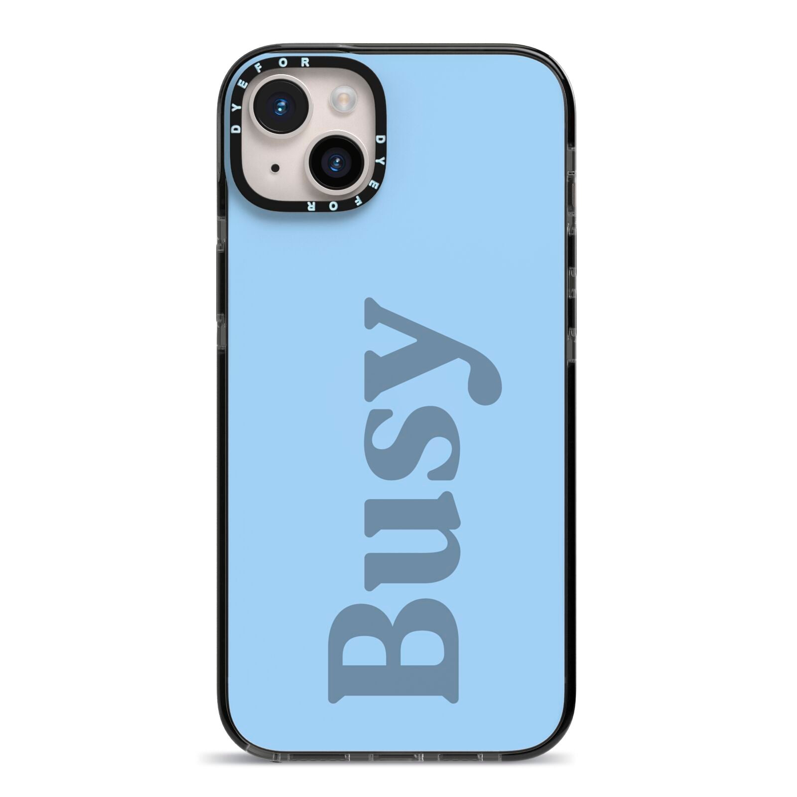 Busy Quote iPhone 14 Plus Black Impact Case on Silver phone