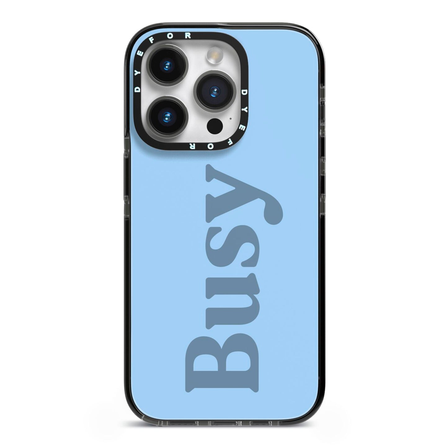 Busy Quote iPhone 14 Pro Black Impact Case on Silver phone