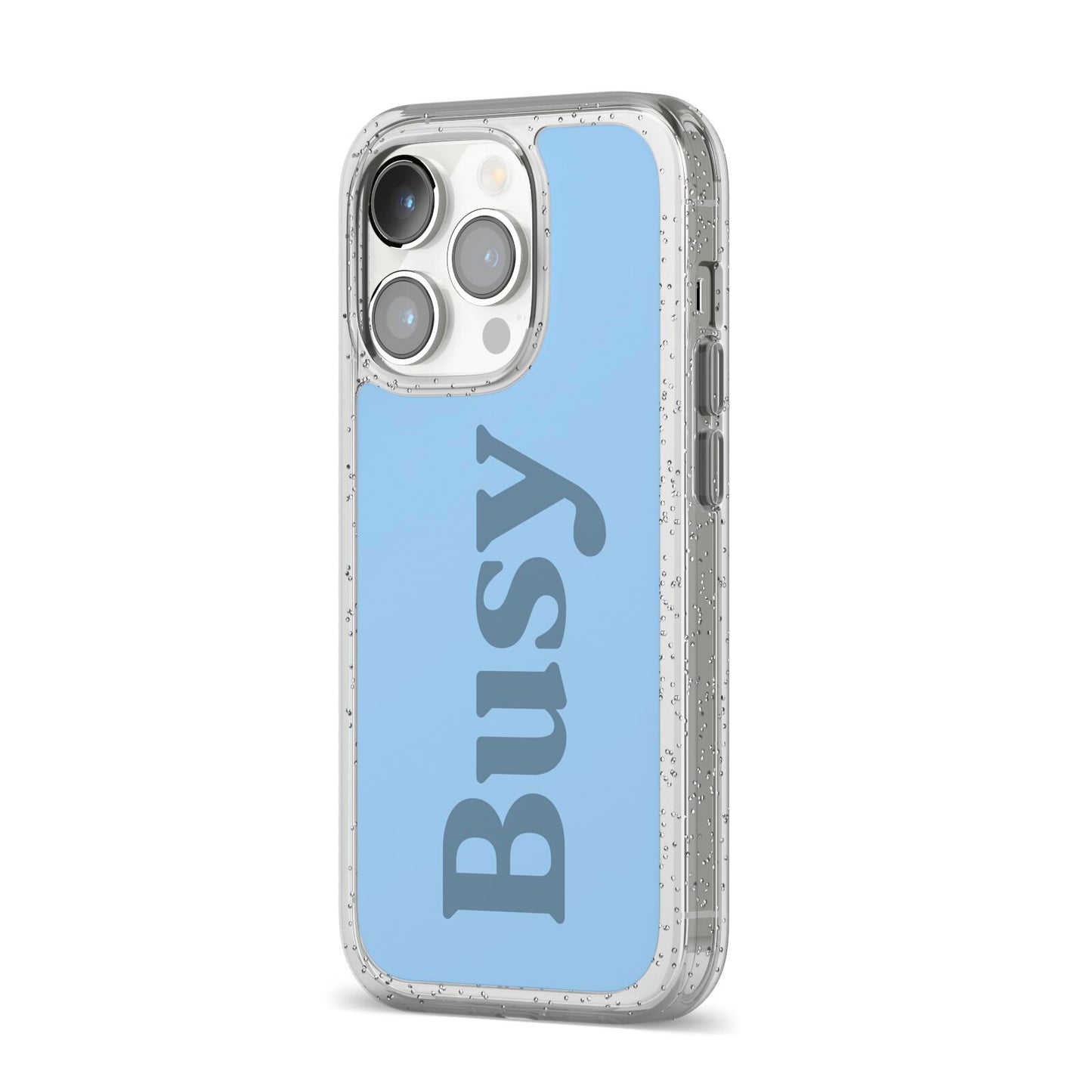 Busy Quote iPhone 14 Pro Glitter Tough Case Silver Angled Image