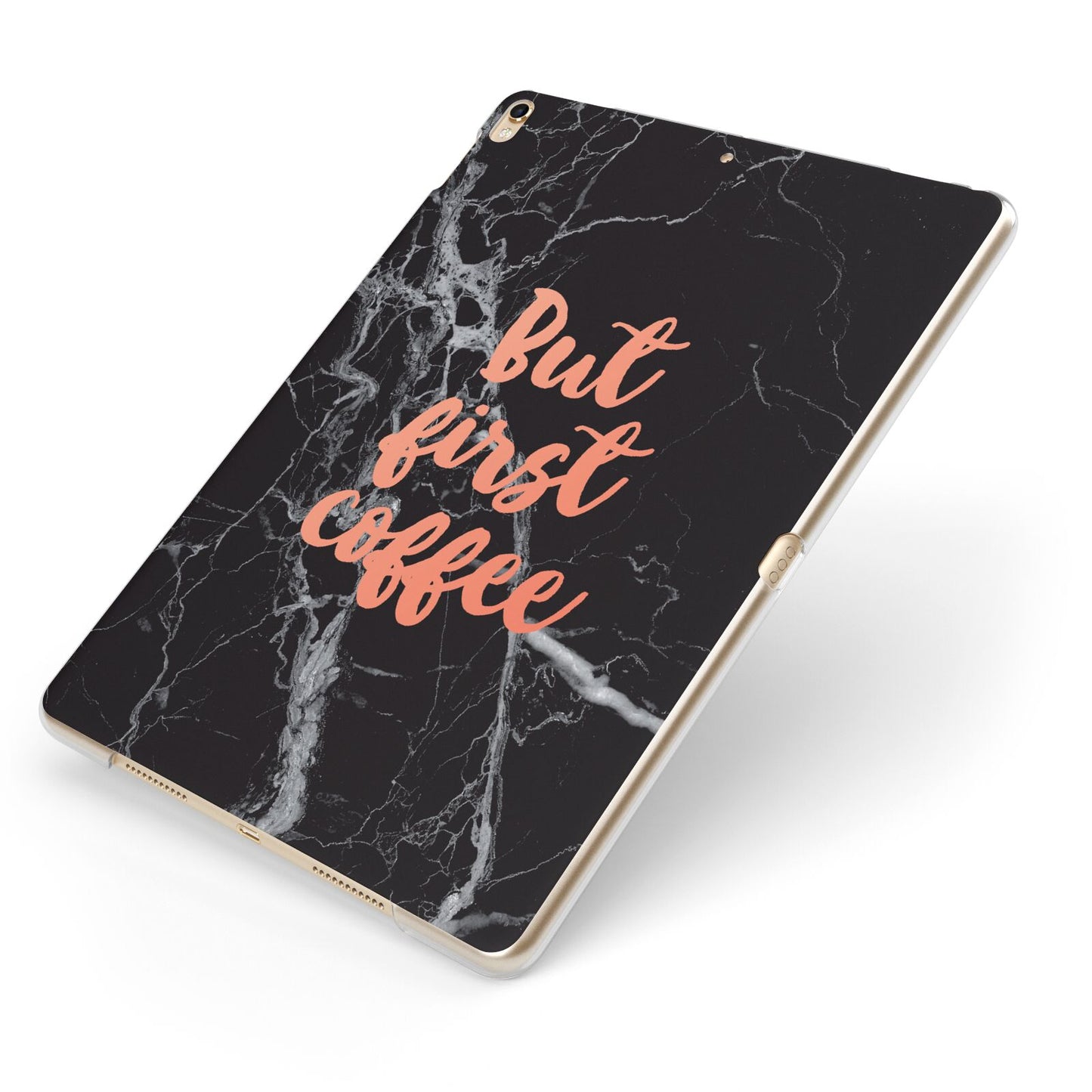 But First Coffee Black Marble Effect Apple iPad Case on Gold iPad Side View