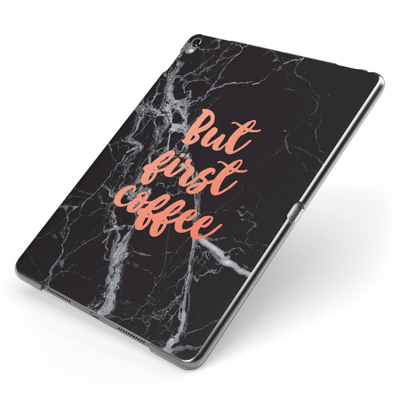 But First Coffee Black Marble Effect Apple iPad Case on Grey iPad Side View