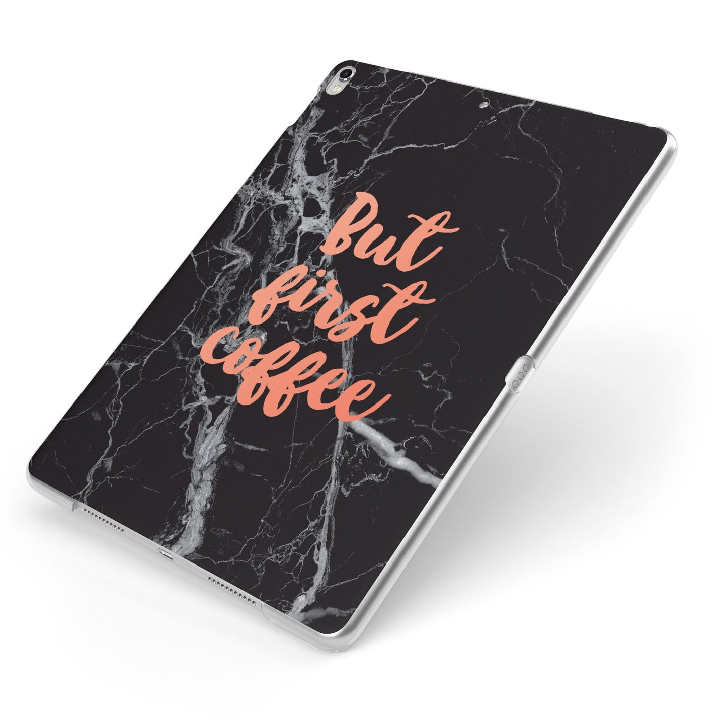 But First Coffee Black Marble Effect Apple iPad Case on Silver iPad Side View