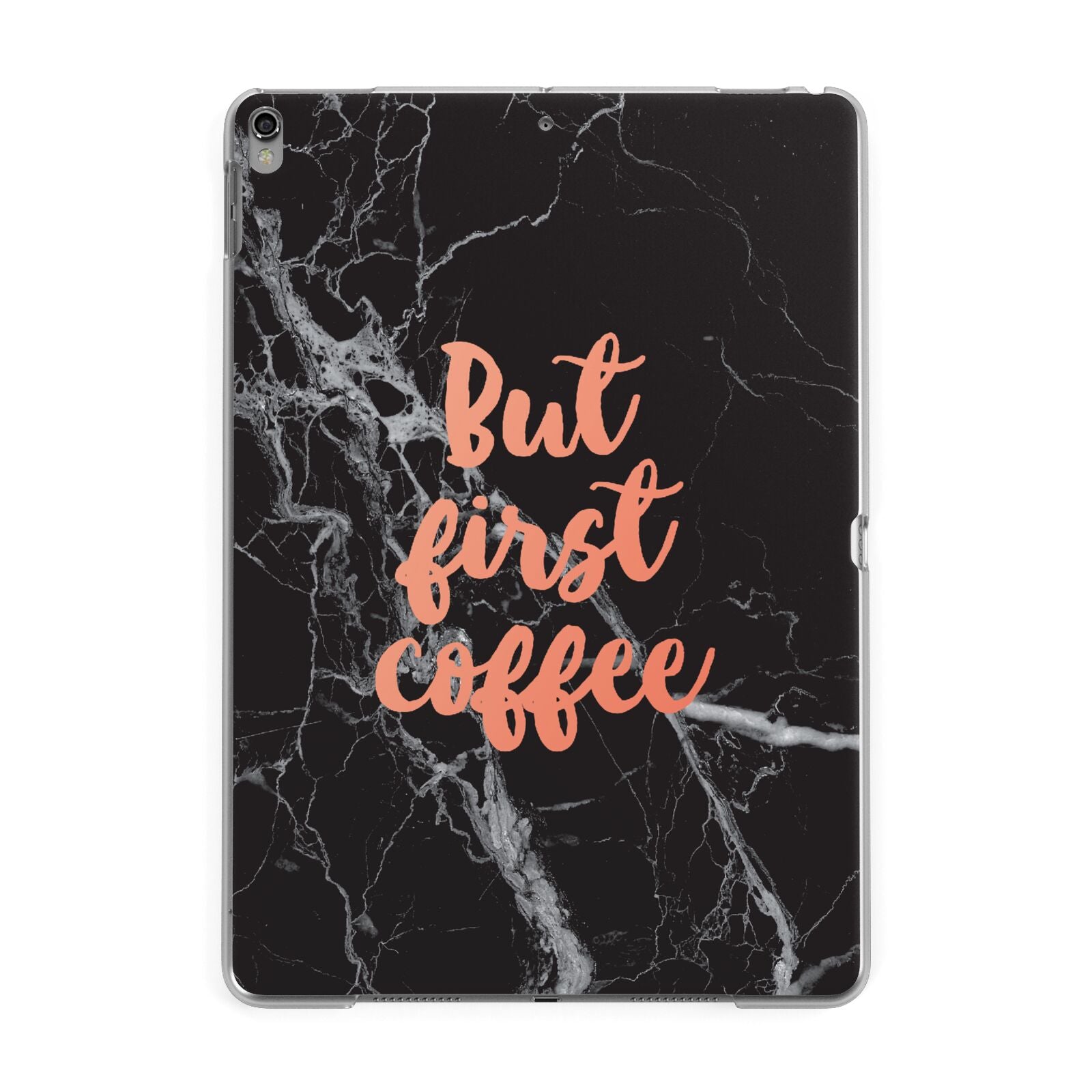 But First Coffee Black Marble Effect Apple iPad Grey Case