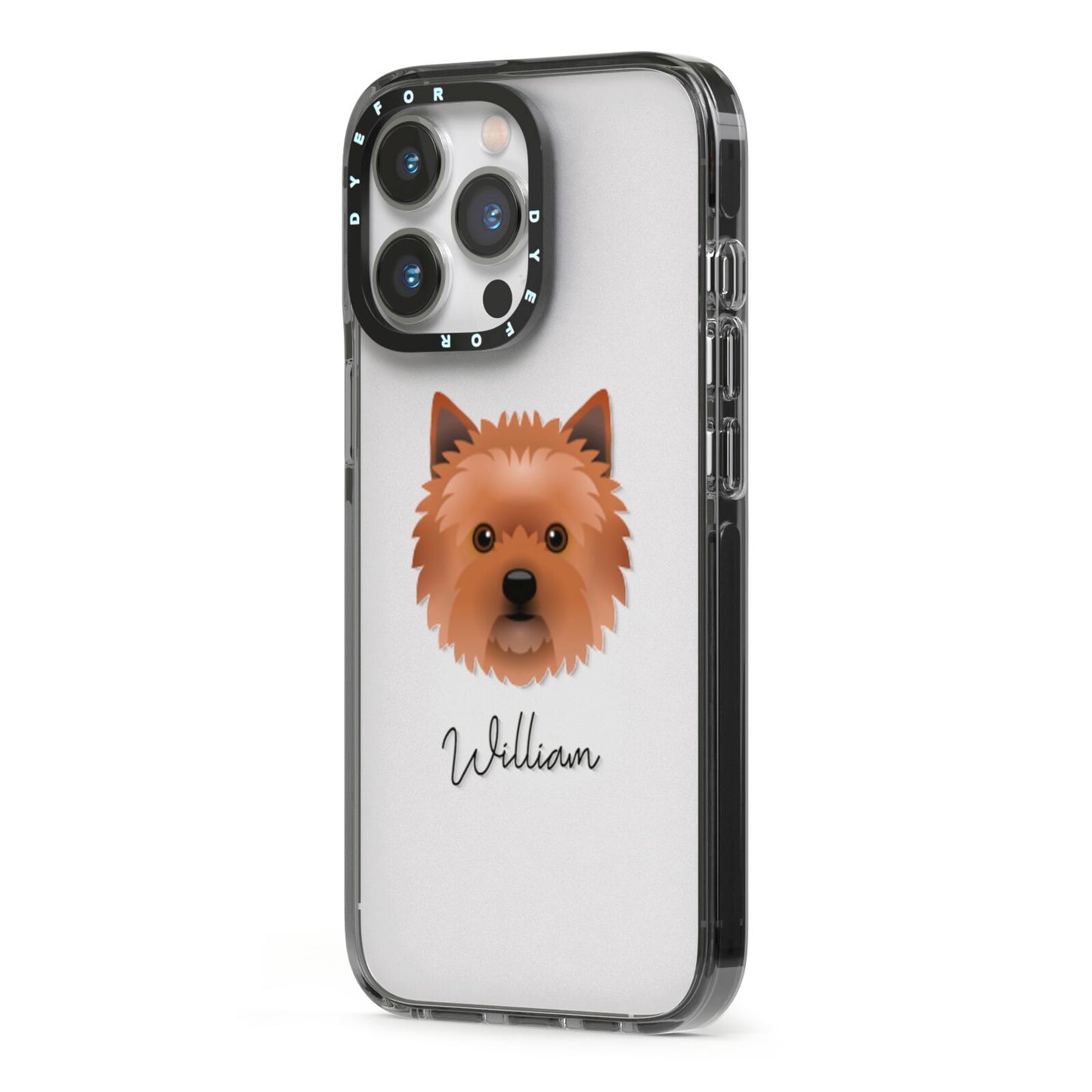Cairn Terrier Personalised iPhone 13 Pro Black Impact Case Side Angle on Silver phone