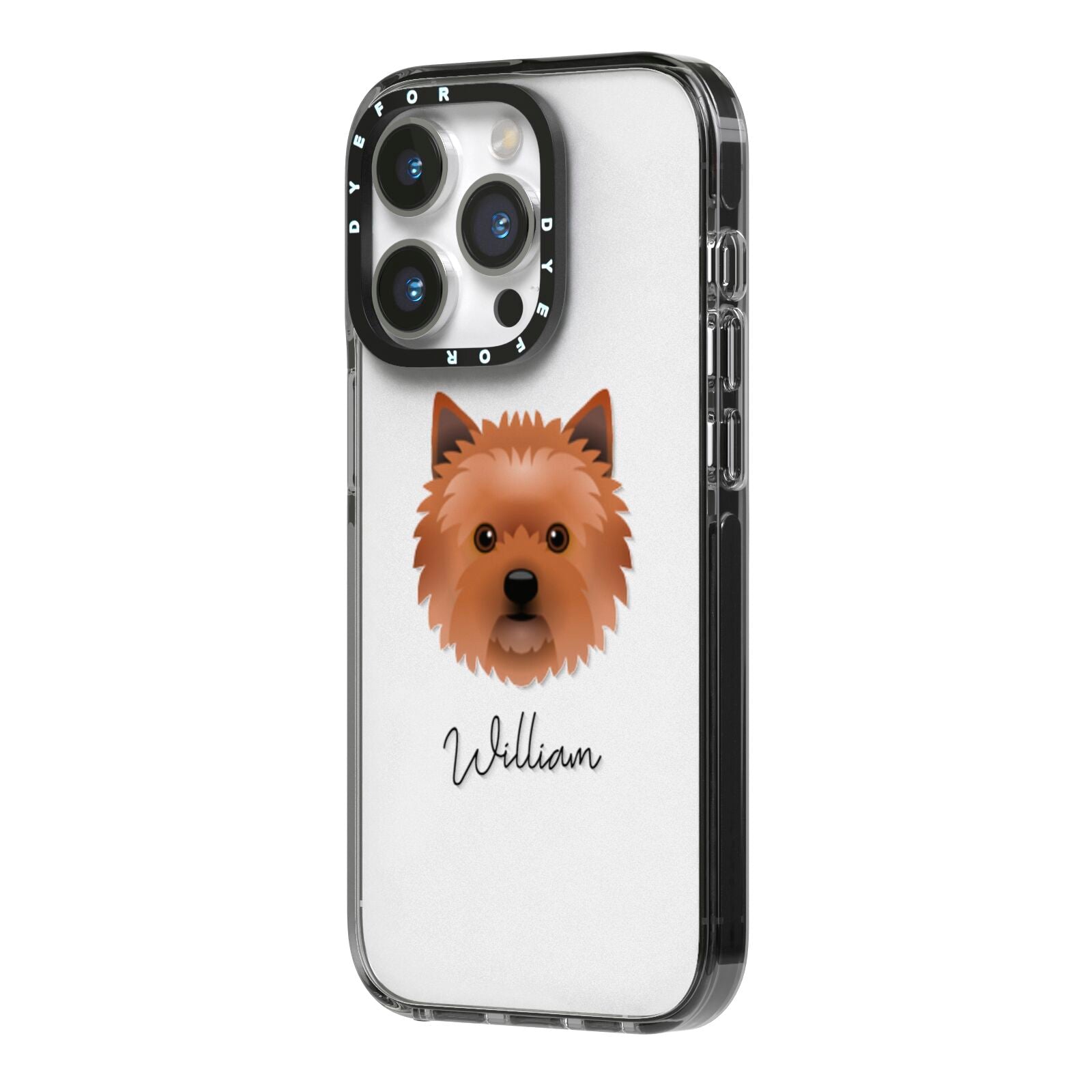 Cairn Terrier Personalised iPhone 14 Pro Black Impact Case Side Angle on Silver phone