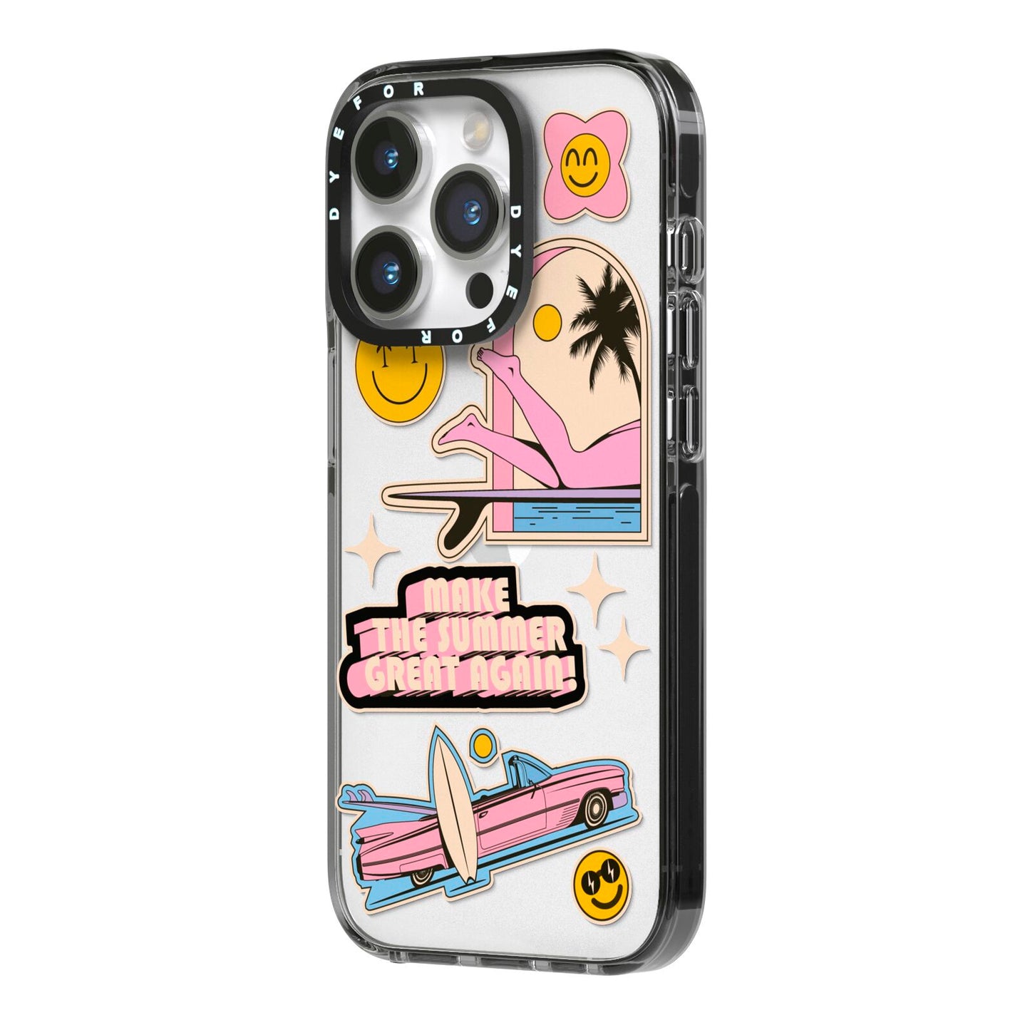 California Girl Sticker iPhone 14 Pro Black Impact Case Side Angle on Silver phone