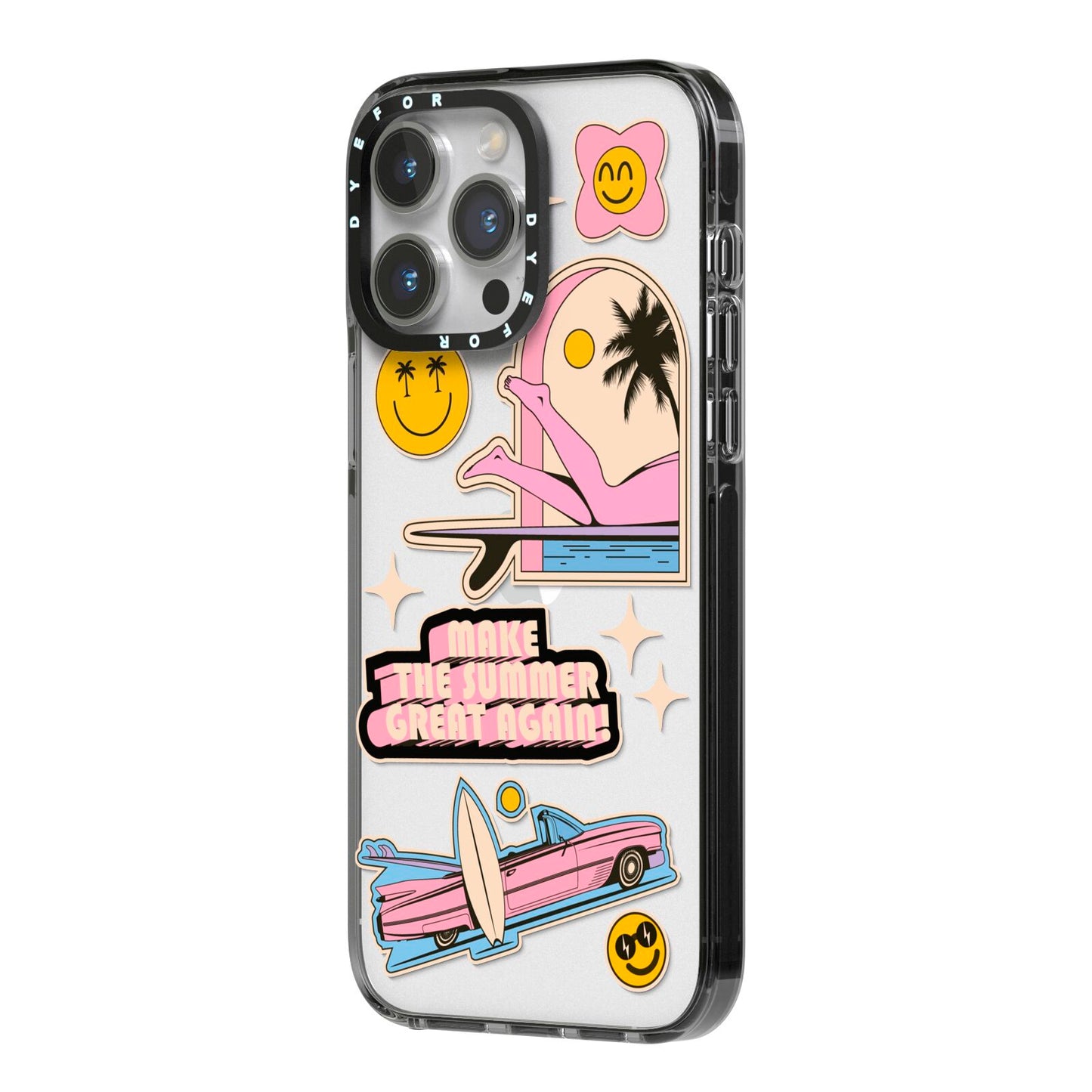 California Girl Sticker iPhone 14 Pro Max Black Impact Case Side Angle on Silver phone