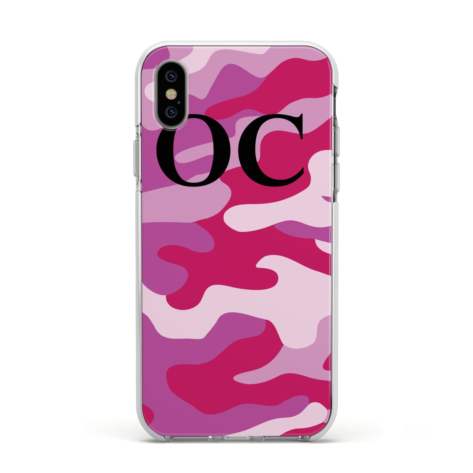 Camouflage Personalised Apple iPhone Xs Impact Case White Edge on Silver Phone