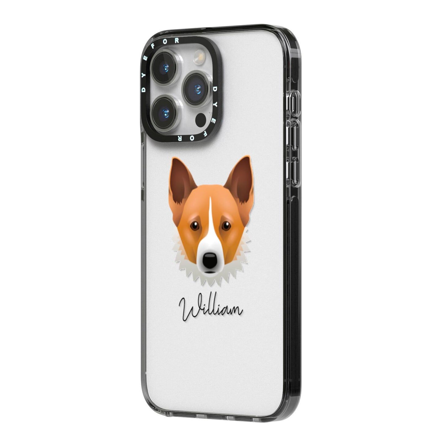 Canaan Dog Personalised iPhone 14 Pro Max Black Impact Case Side Angle on Silver phone