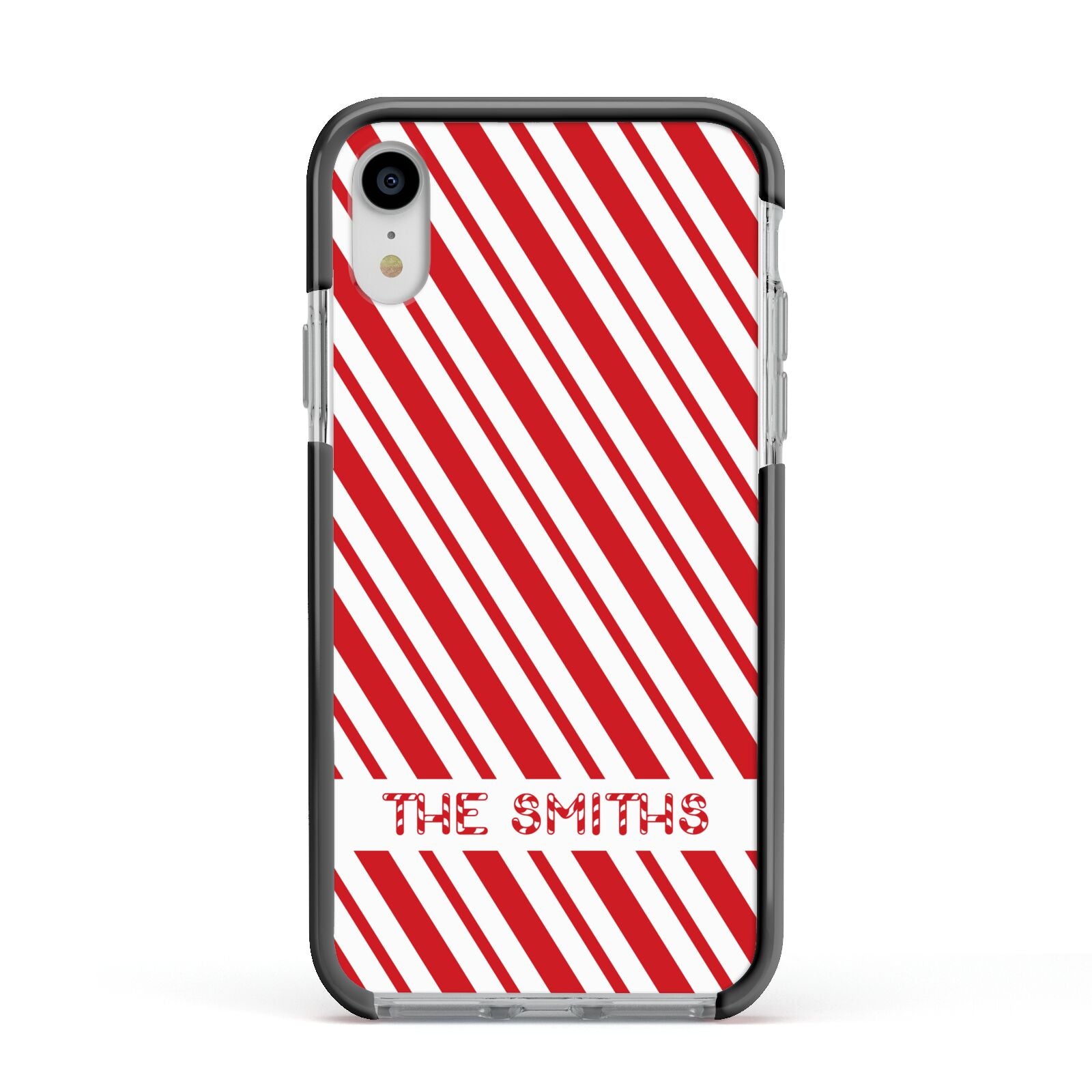 Candy Cane Personalised Apple iPhone XR Impact Case Black Edge on Silver Phone