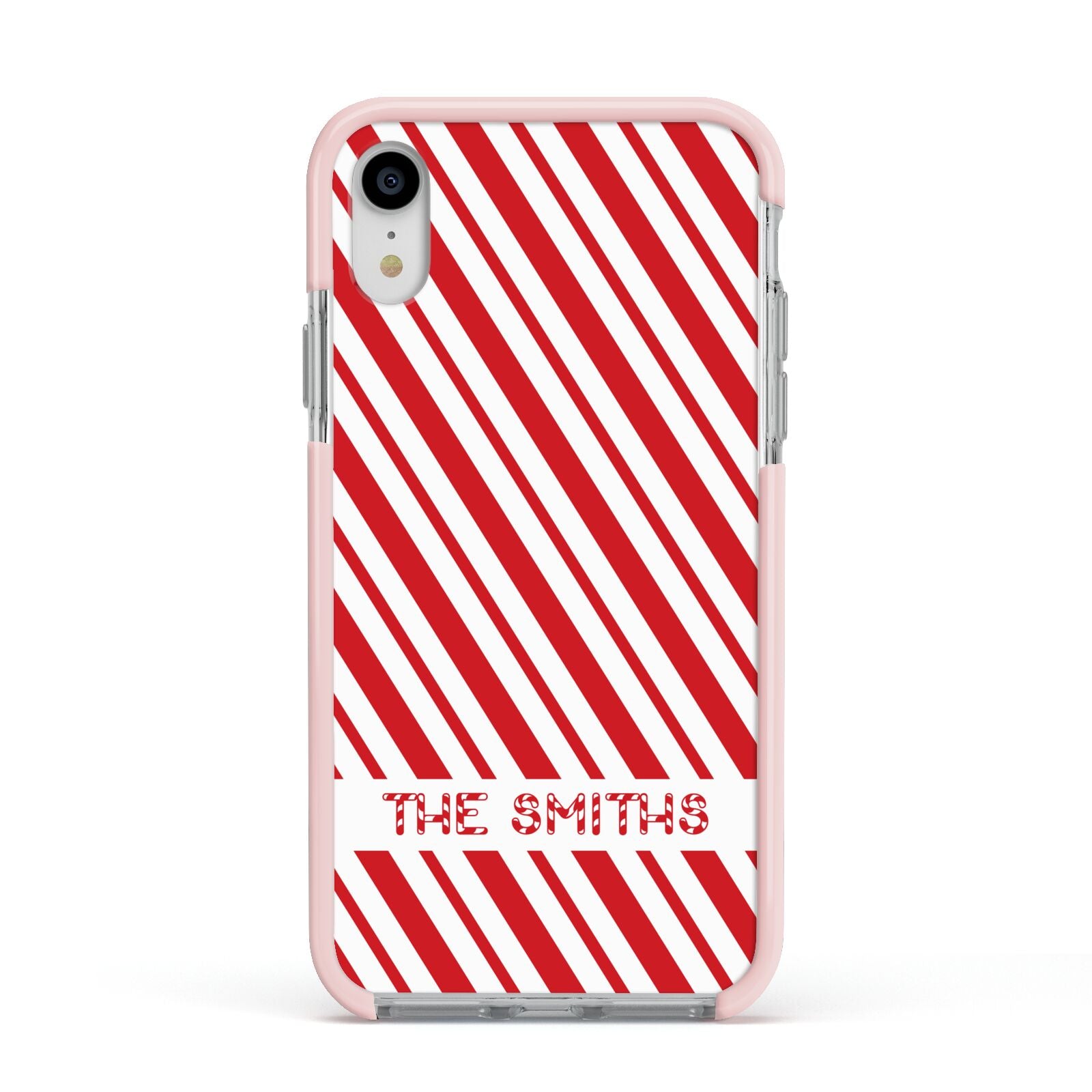Candy Cane Personalised Apple iPhone XR Impact Case Pink Edge on Silver Phone