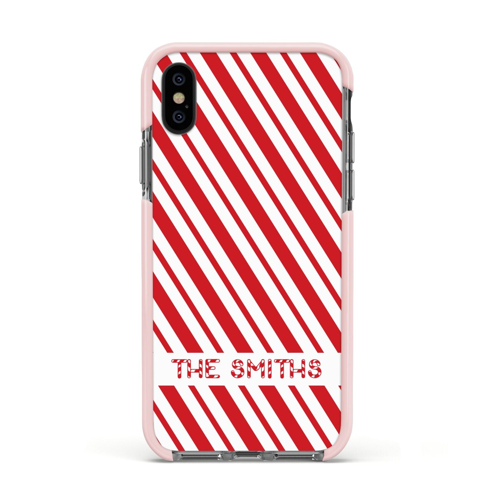 Candy Cane Personalised Apple iPhone Xs Impact Case Pink Edge on Black Phone