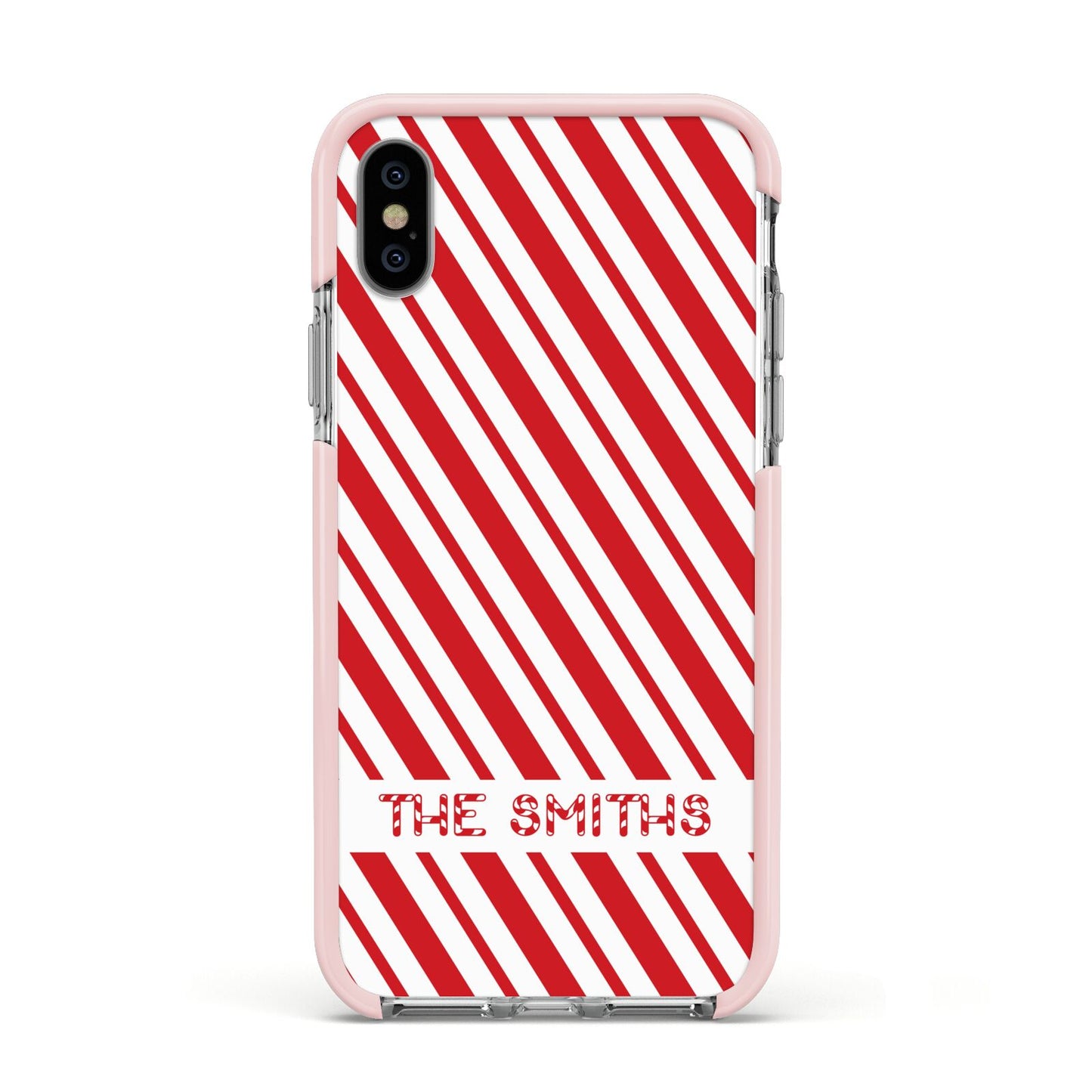 Candy Cane Personalised Apple iPhone Xs Impact Case Pink Edge on Silver Phone