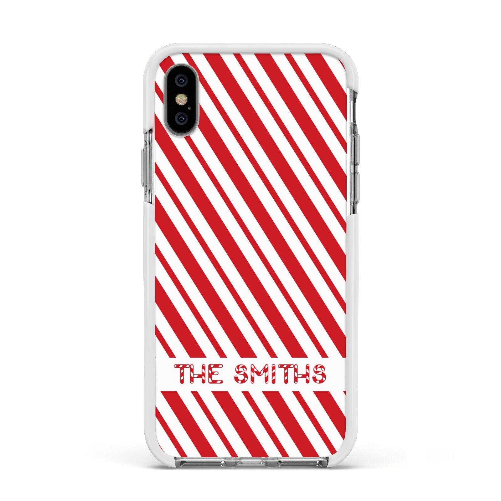 Candy Cane Personalised Apple iPhone Xs Impact Case White Edge on Silver Phone