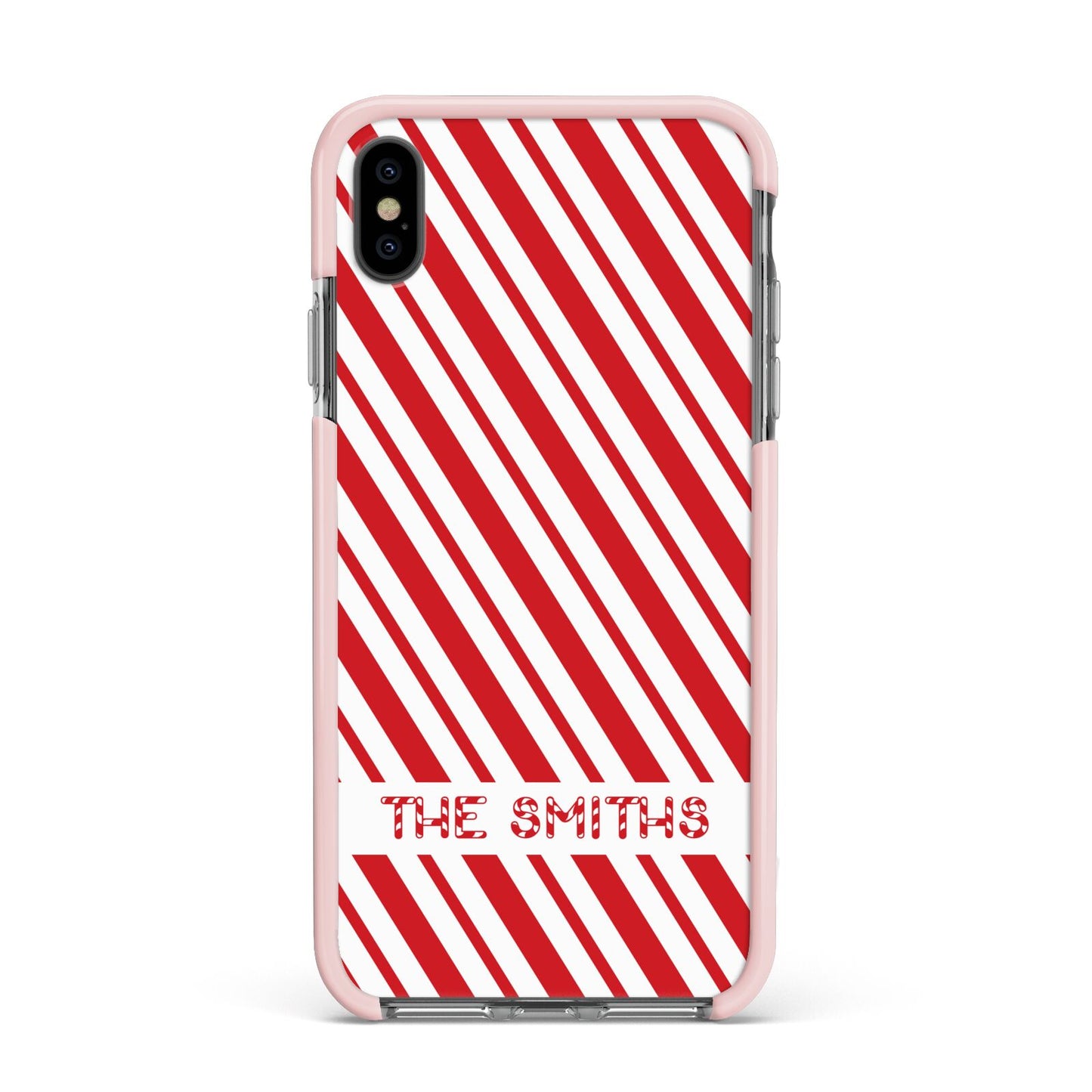 Candy Cane Personalised Apple iPhone Xs Max Impact Case Pink Edge on Black Phone