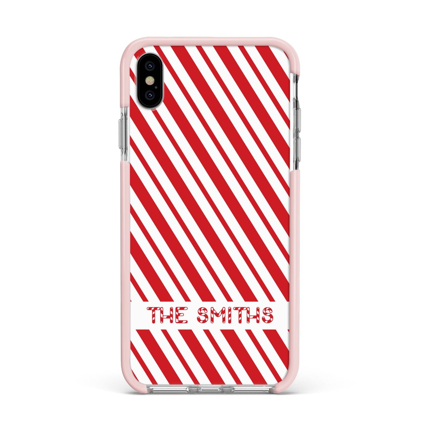 Candy Cane Personalised Apple iPhone Xs Max Impact Case Pink Edge on Silver Phone
