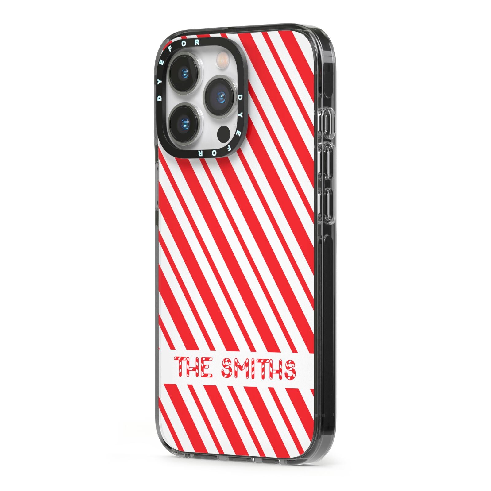 Candy Cane Personalised iPhone 13 Pro Black Impact Case Side Angle on Silver phone