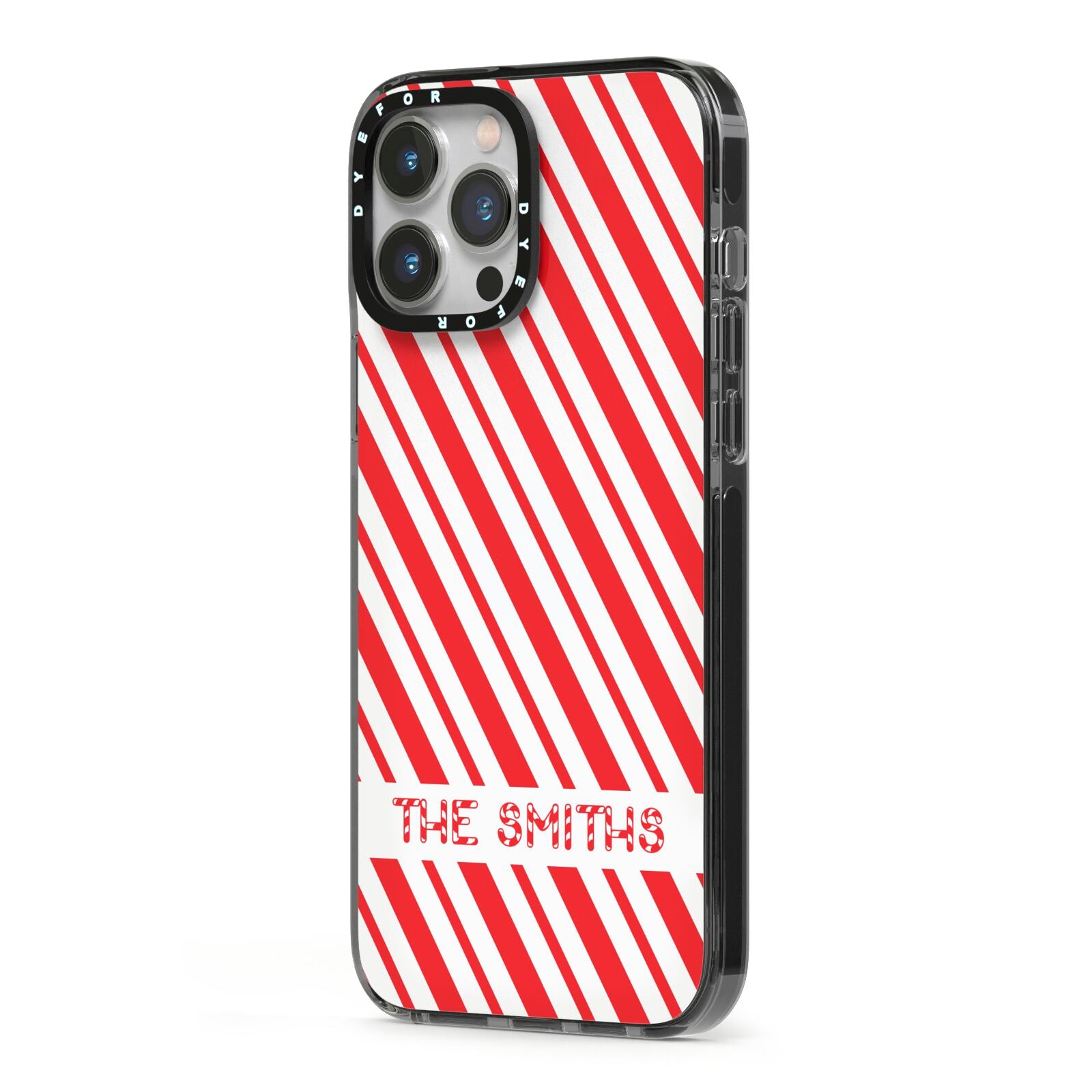 Candy Cane Personalised iPhone 13 Pro Max Black Impact Case Side Angle on Silver phone