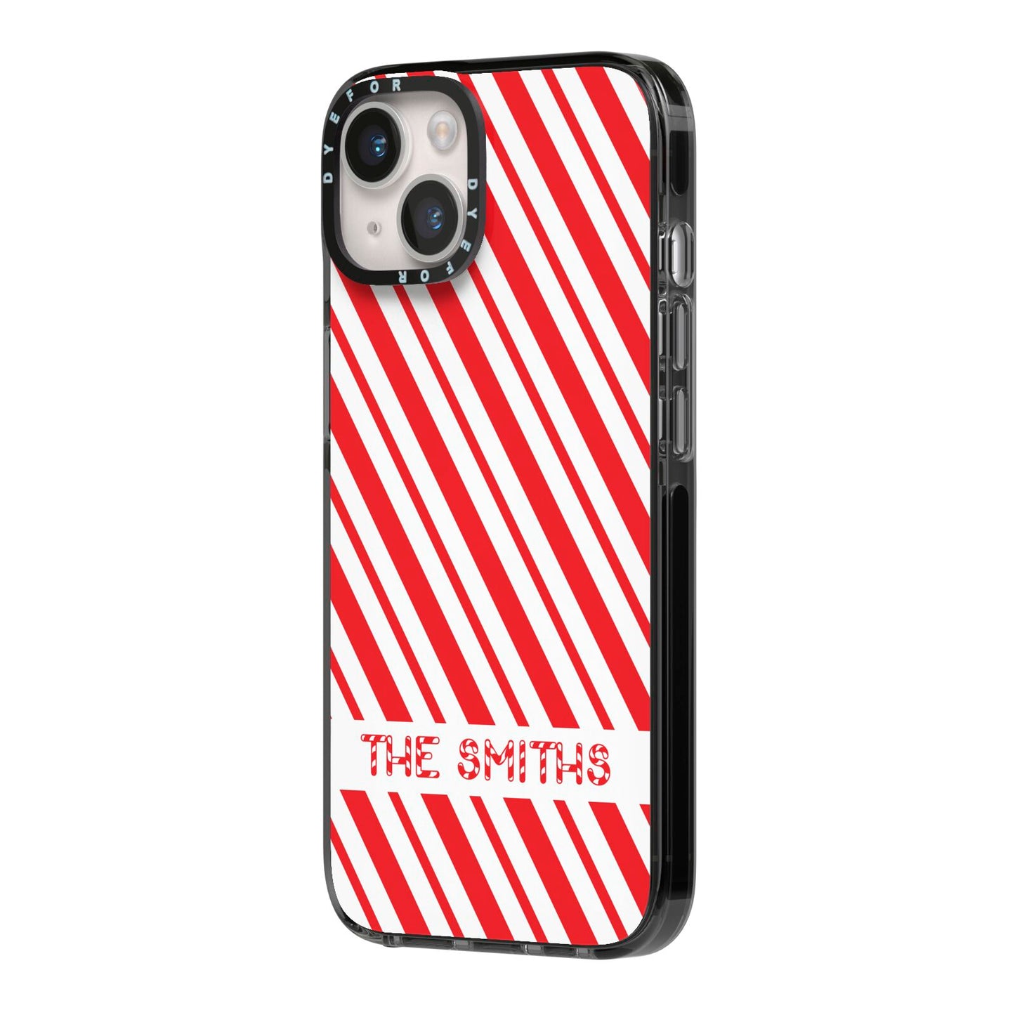 Candy Cane Personalised iPhone 14 Black Impact Case Side Angle on Silver phone