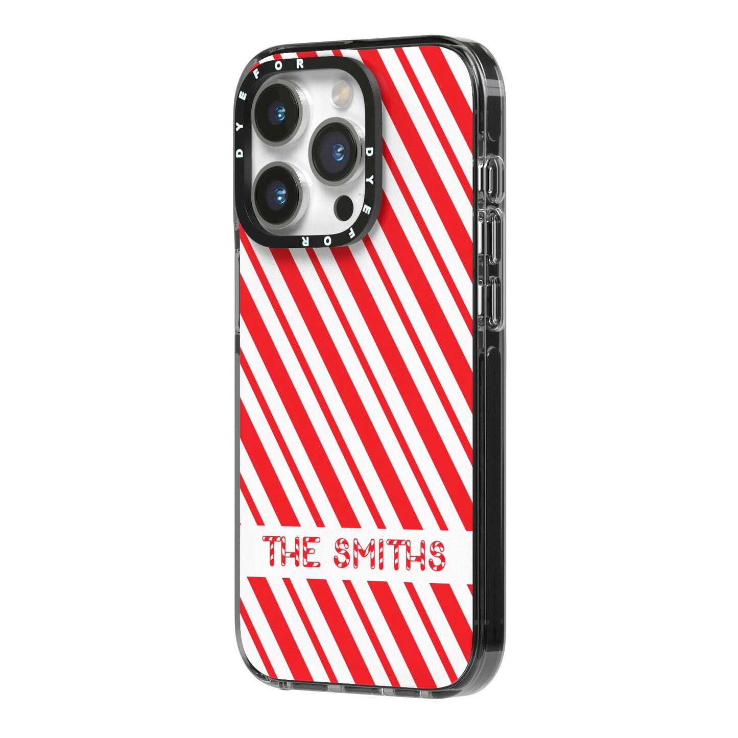 Candy Cane Personalised iPhone 14 Pro Black Impact Case Side Angle on Silver phone
