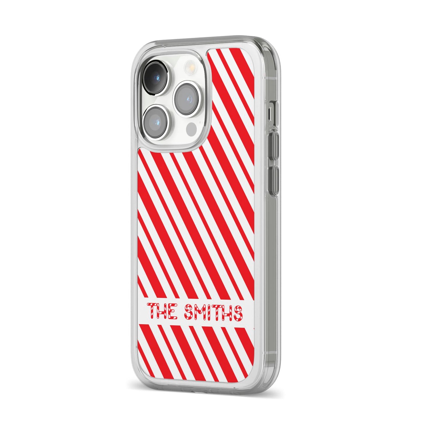 Candy Cane Personalised iPhone 14 Pro Clear Tough Case Silver Angled Image