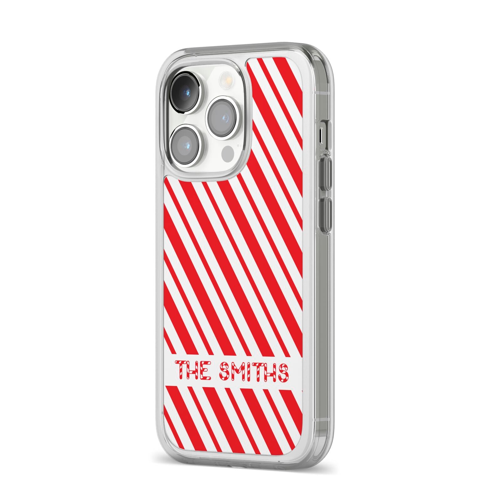 Candy Cane Personalised iPhone 14 Pro Clear Tough Case Silver Angled Image