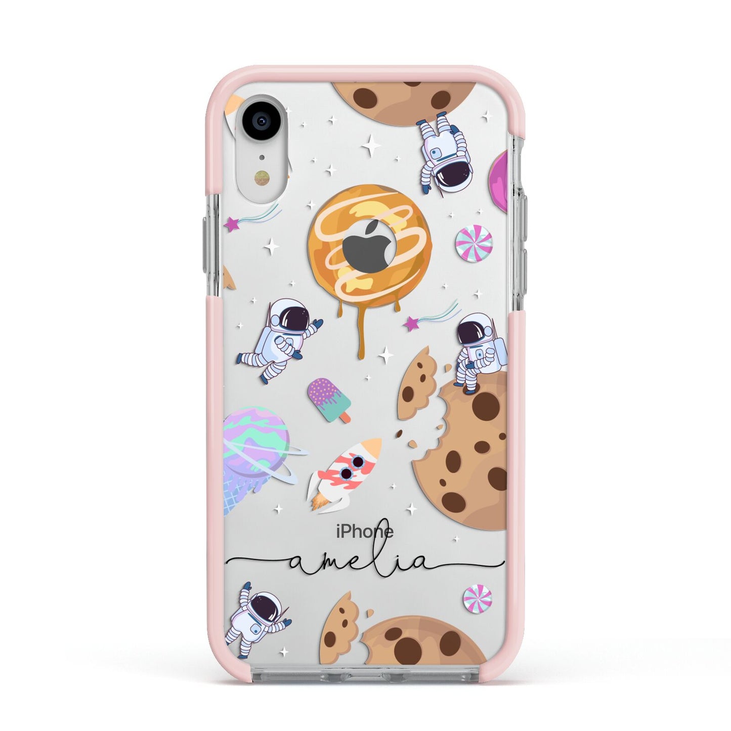 Candyland Galaxy Clear Personalised Apple iPhone XR Impact Case Pink Edge on Silver Phone