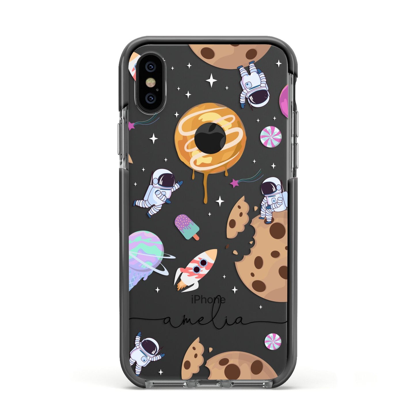 Candyland Galaxy Clear Personalised Apple iPhone Xs Impact Case Black Edge on Black Phone